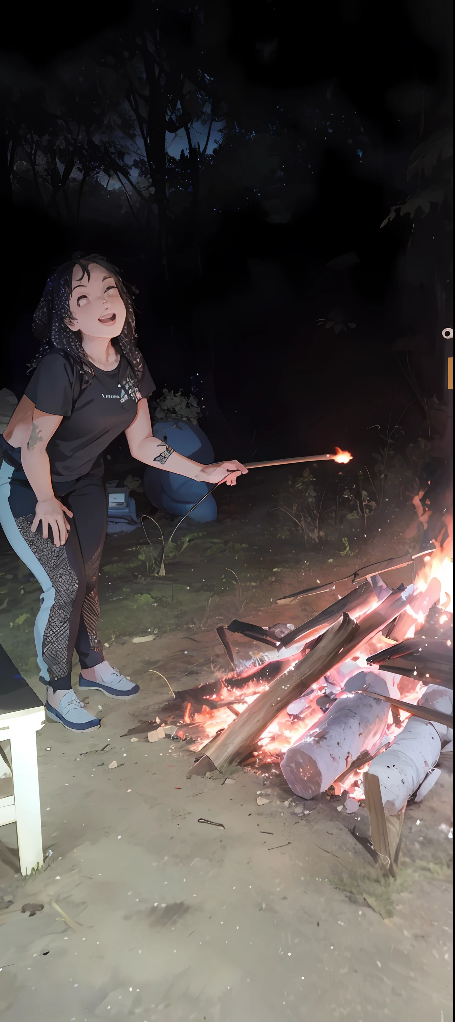 There's a woman who's roasting marshmallows over a campfire, com fogo, on a bonfire at night, aceso de fogo, fogueira, fogueira no fundo, dancing around a fire, em uma fogueira na floresta, cozinhando-o, com muito fogo vindo dele, fogueira, talking around a fire, Fogueira