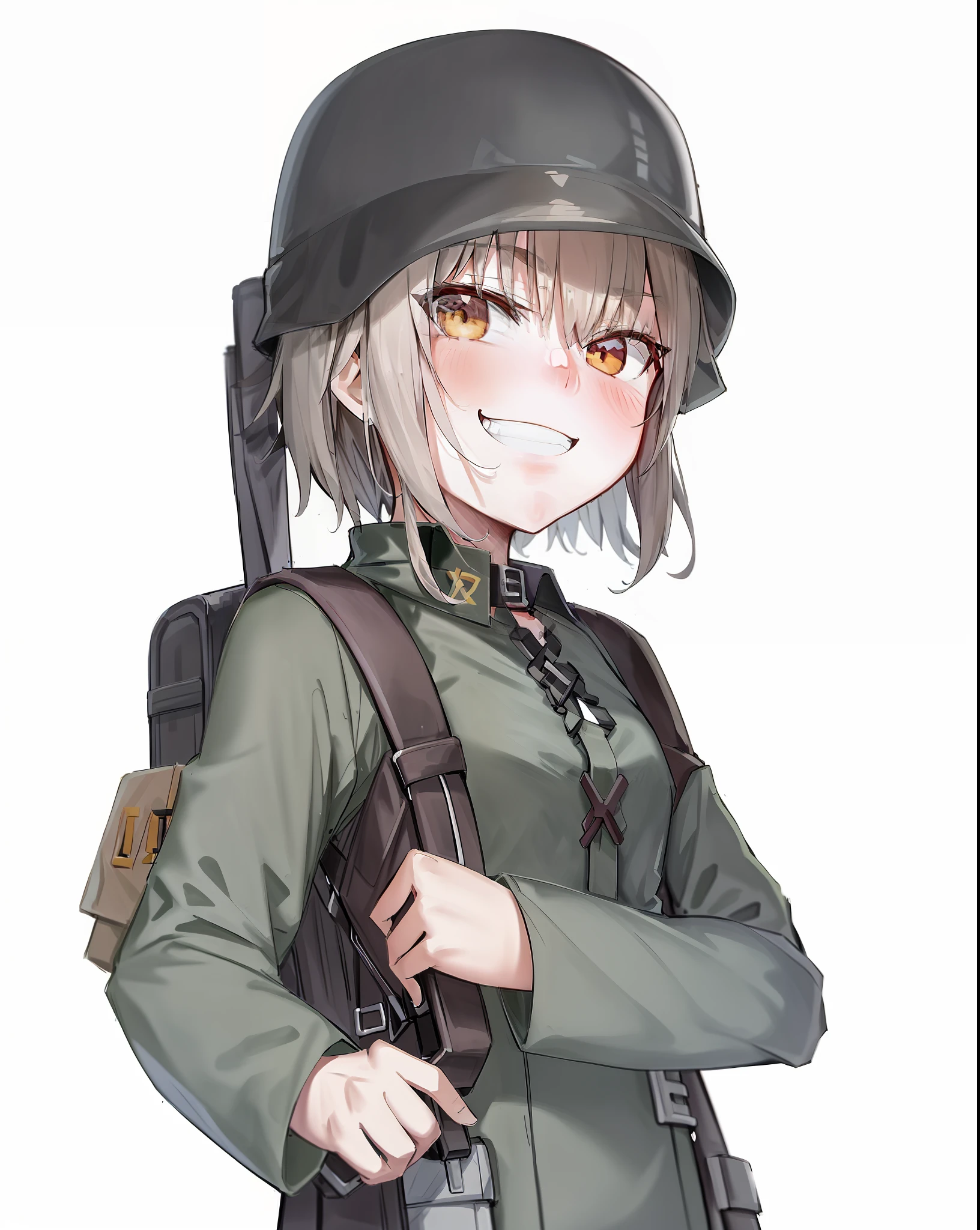 Anime girl wearing uniform with gun and backpack, Female protagonist 👀 :8, infantry girls, soldier girl, anime maid ss military, very slightly smiling, Female protagonist, mechanized soldier girl, girls' last tour, portrait of cute soldier girl, female anime character, roguish smirk, portrait of soldier girl, soldier outfit, in a soldier uniform