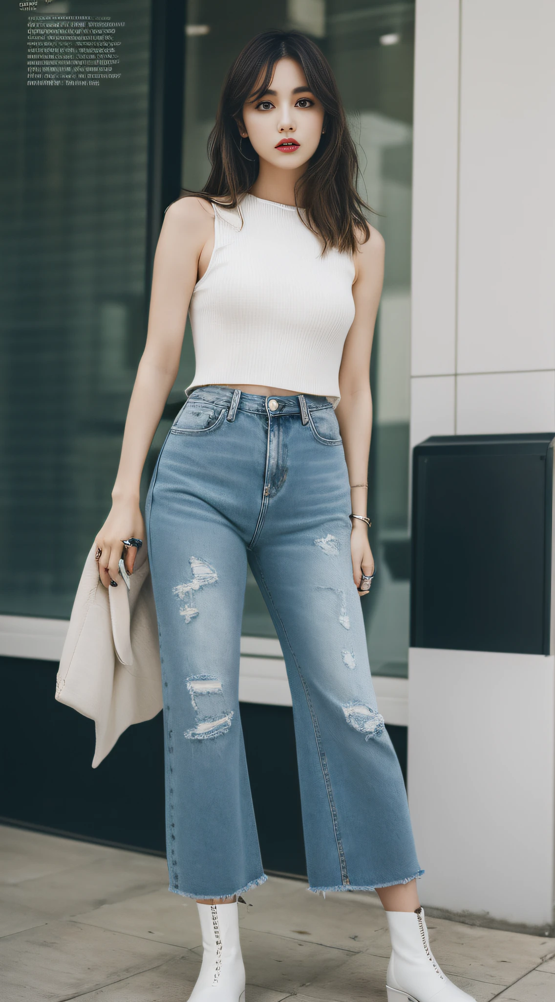 A super beautiful girl,Big bright eyes,Cool feeling,(fashion magazine coer:1.3),(high-waisted jeans, cropped top, ankle boots)