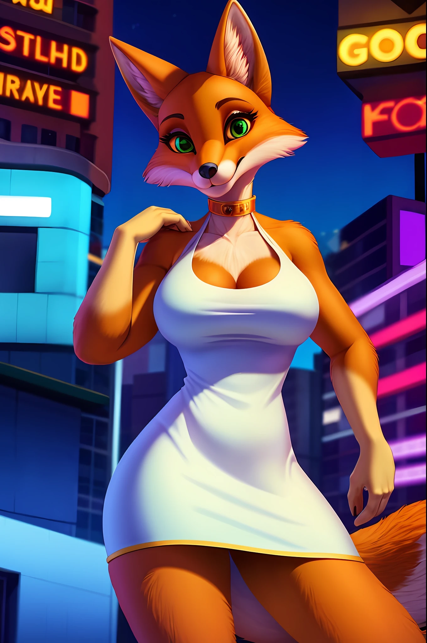 Female antro fox posing for a photo, usando vestido elegante,
good hand, 4k, alta resolução, obra-prima, melhor qualidade, headpe: 1.3, ((fotografia Hasselblad)), pele finamente detalhada, foco nítido, (cinematic lighthing), noite, soft-lighting, dinamic angle, [:(rosto detalhado: 1.2): 0.2],(((na cidade))),