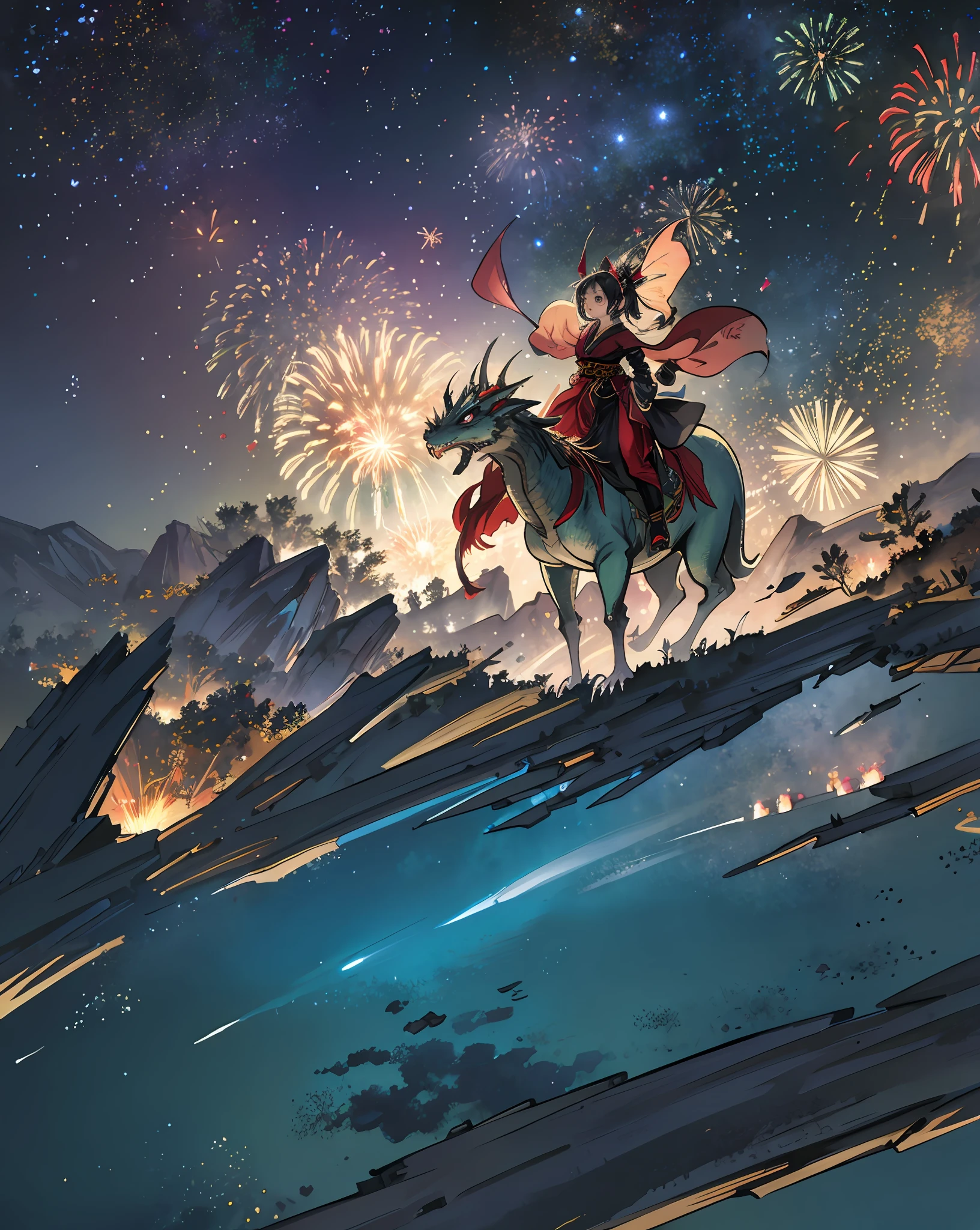 masterpiece, top-quality, ultra-detailliert, 1girl in, 1 Dragon Elf Girl in Yukata(Elven Eared Girl)、Fly on the back of a dragon、Show the dragon and the girl from above、Fireworks in the night sky、((aerial photograph、Overlooking the fireworks from above))