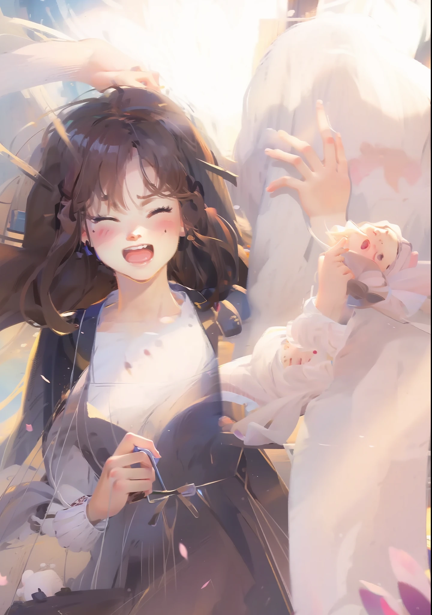 Cute girl with eyes closed,dreads,cabelos preto e longos,long skirt,Manteau,One hand grabs and blocks the other hand from attacking,illustration,Background cherry blossom blur,horrified expression