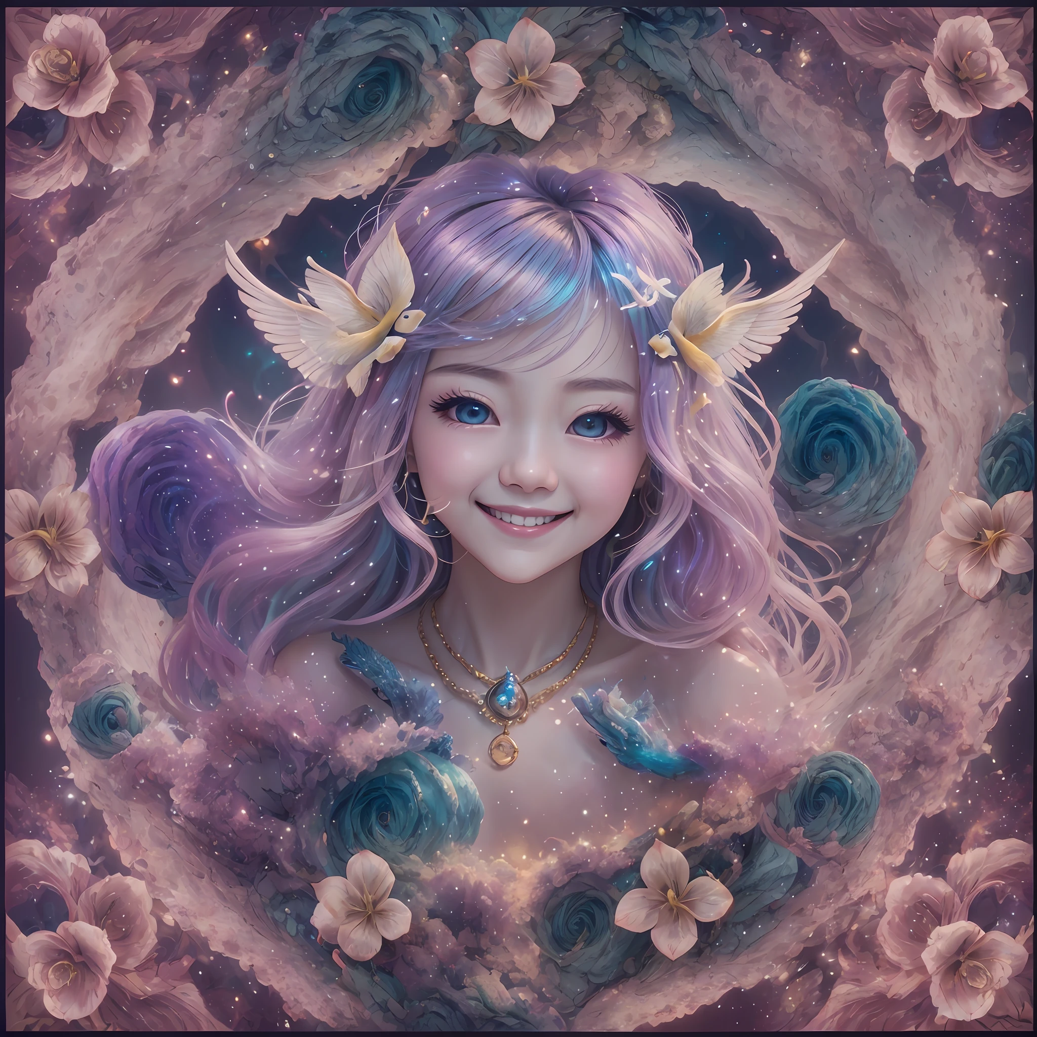 angelicales、Beautiful fece、Happy smile、Gentle background、​​clouds、Colorful clouds、Fantastical、Bright background、high-level image quality、tenderness､Joy、aureole 、 Sea Background -Auto