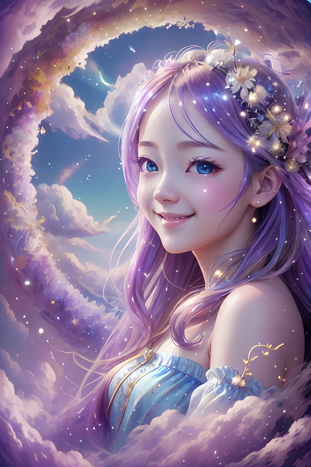 angelicales、Beautiful fece、Happy smile、Gentle background、clouds、Colorful clouds、Fantastical、Bright background、high-level image quality、tenderness、Joy、aureole 、 Sea Background -Auto
