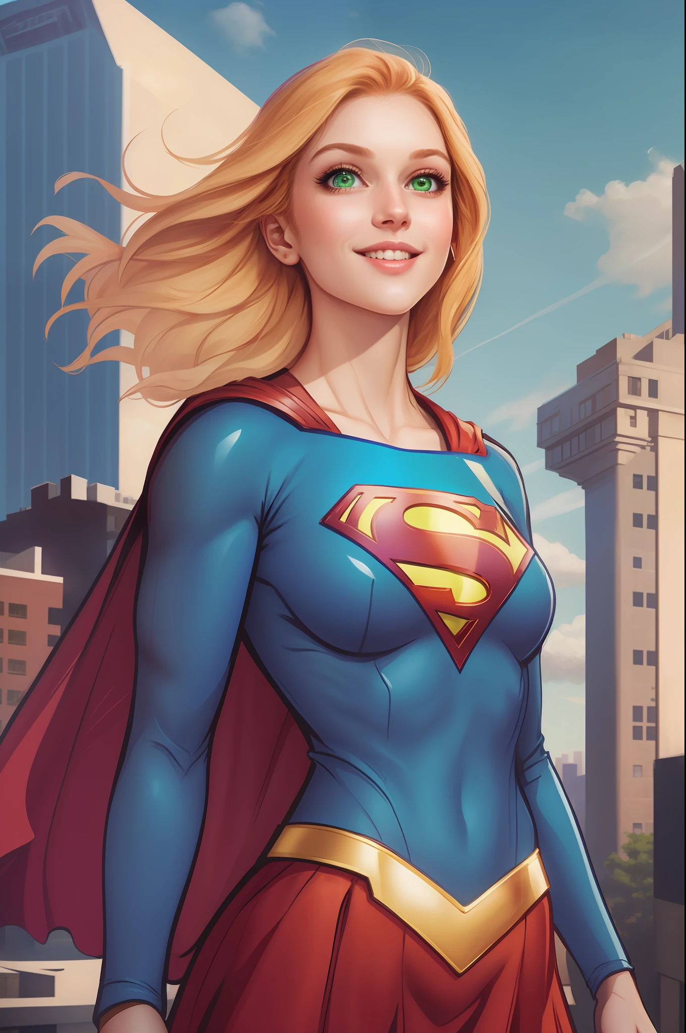 supergirl, supergirl costume, anime, medium boobs, perfect face, ginger hair, perfect hands, 5 fingers, seducing smile, v4, 8k, small breasts, (upper body view), light green eyes, Emerald eyes, symbol-shaped pupils, (background: on city building), night light, night, jim lee,