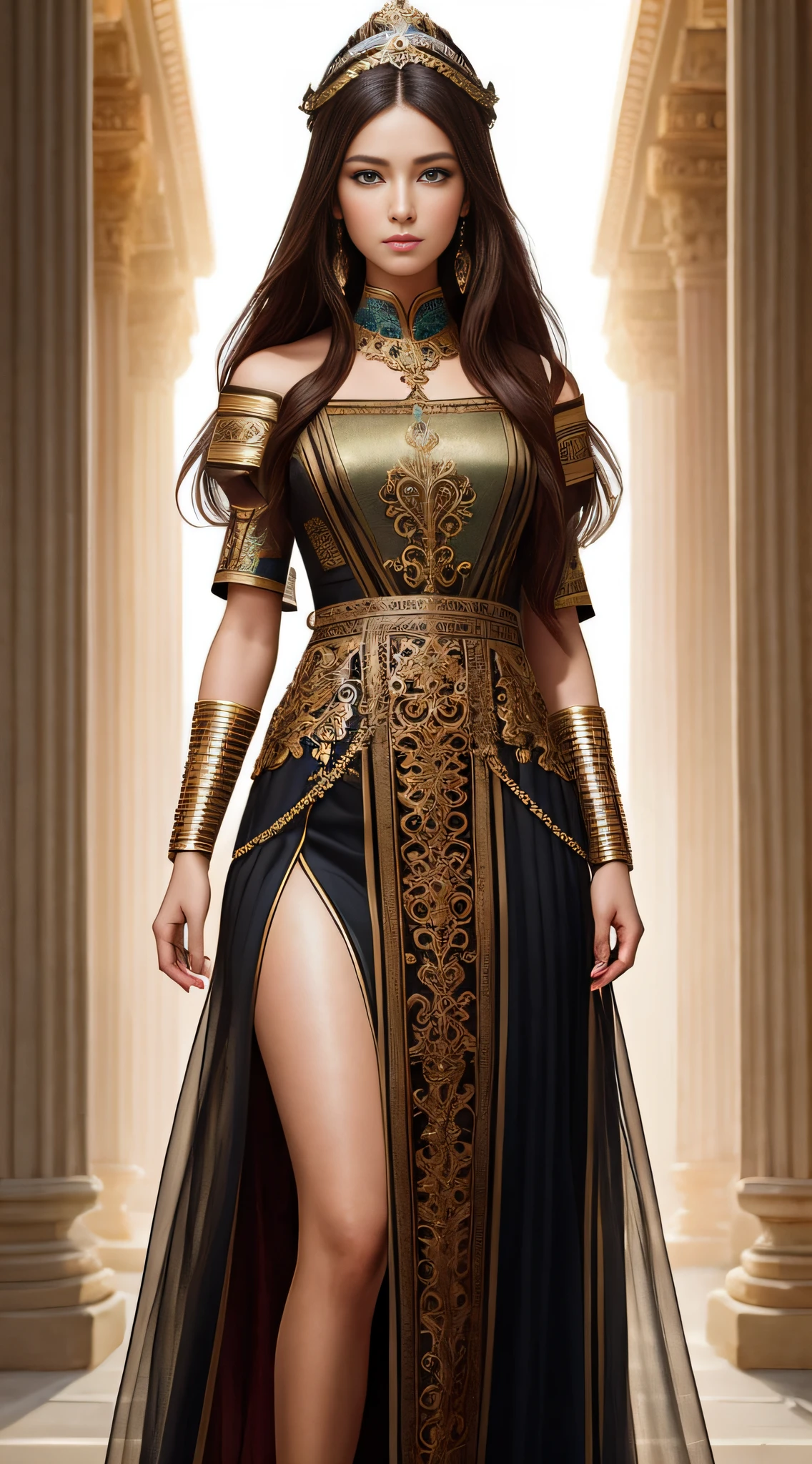 8k portrait of beautiful cyborg with brown hair,iintricate,ellegance,Highly meticulous,A majestic,Digital photography,The artistic germ and art of Nguyen Jia and Greg Rutkowski Surrealist painting filigree,brokenglass,Stand in an ancient Greek palace(tmasterpiece,Sideslit,exquisite and beautiful eyes:1.2 ), Human Development Report,