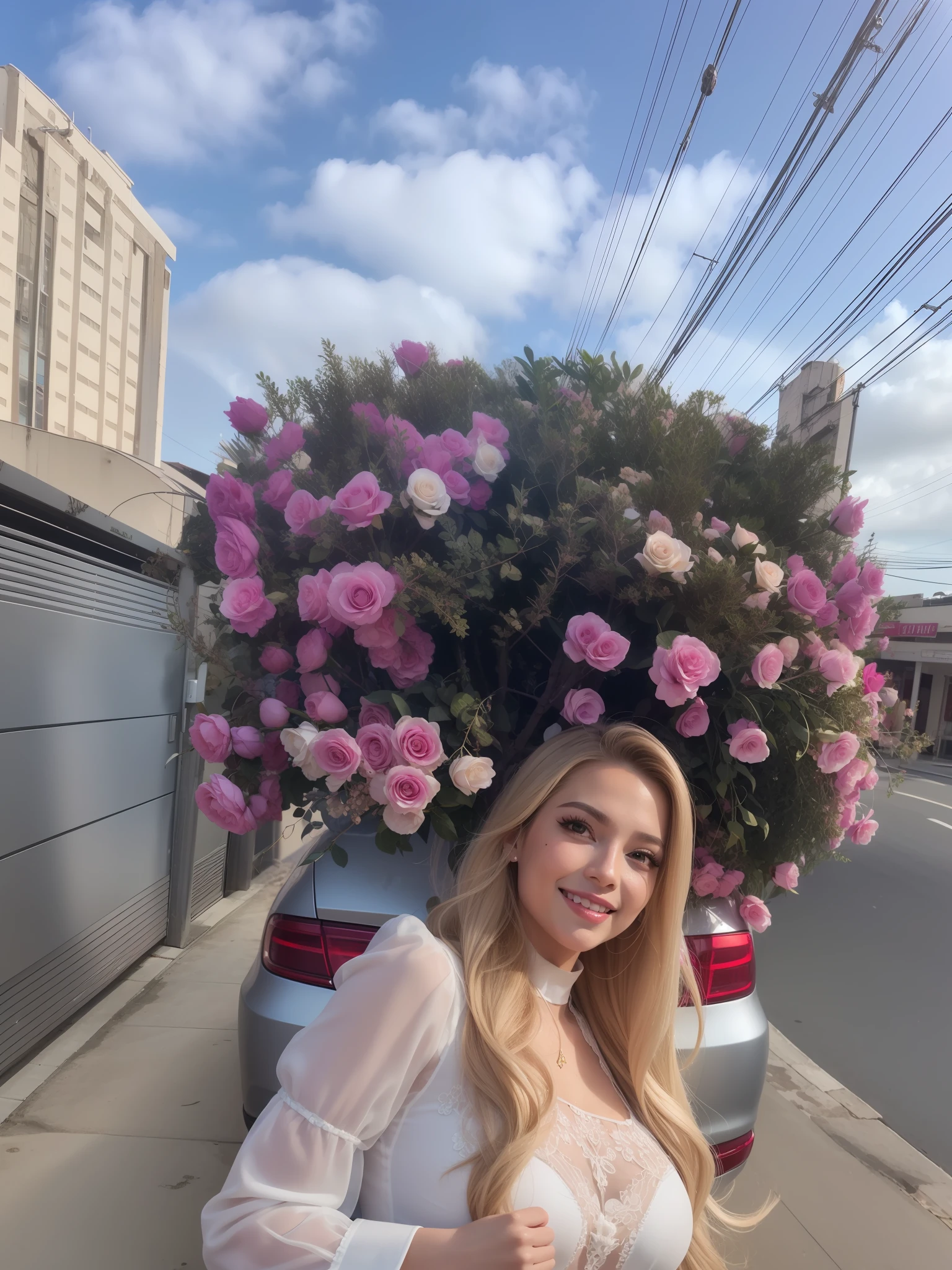 Uma Barbie toda de rosa, sorrindo, roupa rosa, blusa rosa, realista, 8k, detalhes intrincados