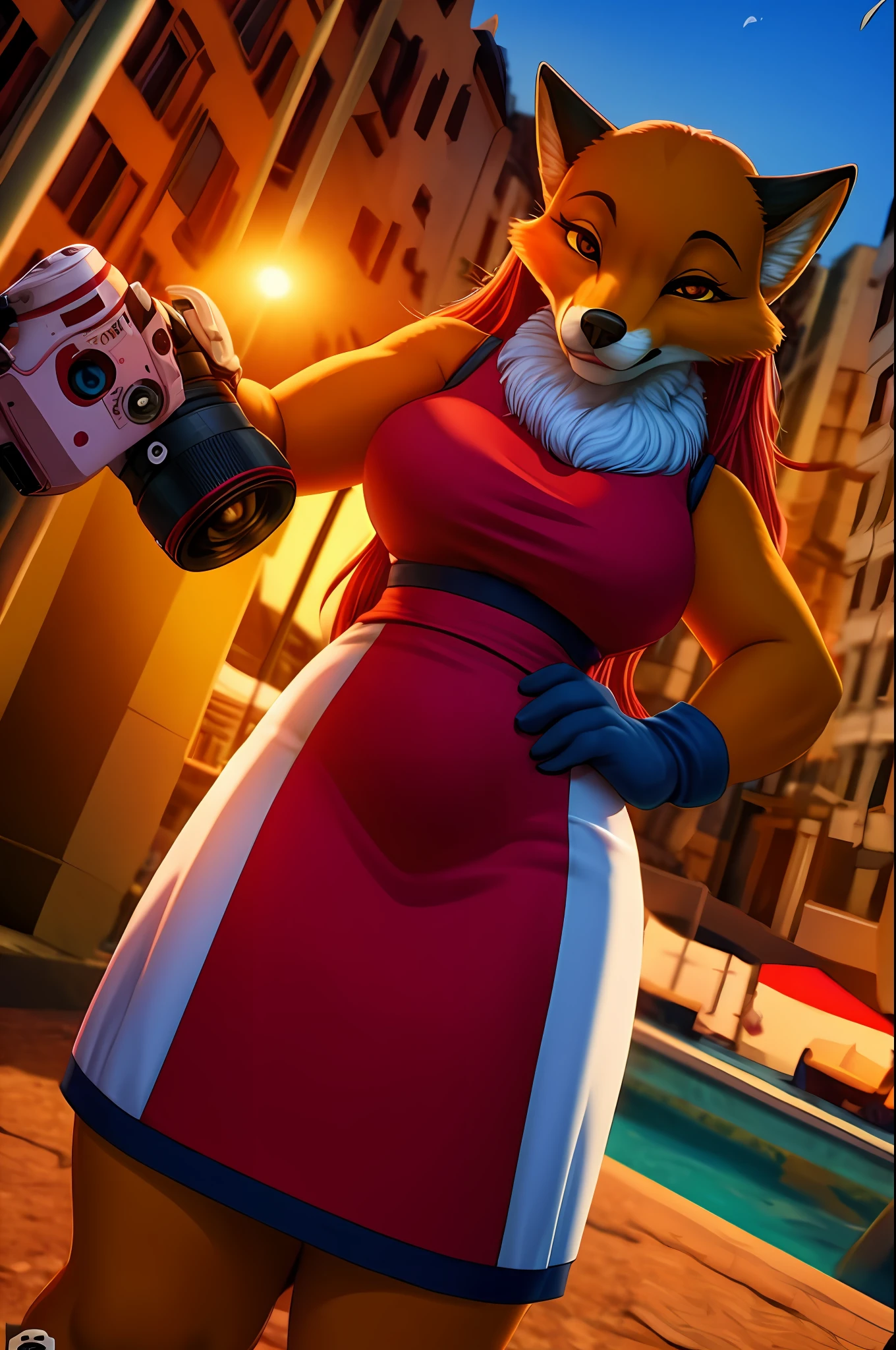 Female antro fox posing for a photo, usando vestido elegante,
good hand, 4k, alta resolução, obra-prima, melhor qualidade, headpe: 1.3, ((fotografia Hasselblad)), pele finamente detalhada, foco nítido, (cinematic lighthing), noite, soft-lighting, dinamic angle, [:(rosto detalhado: 1.2): 0.2],(((na cidade))),