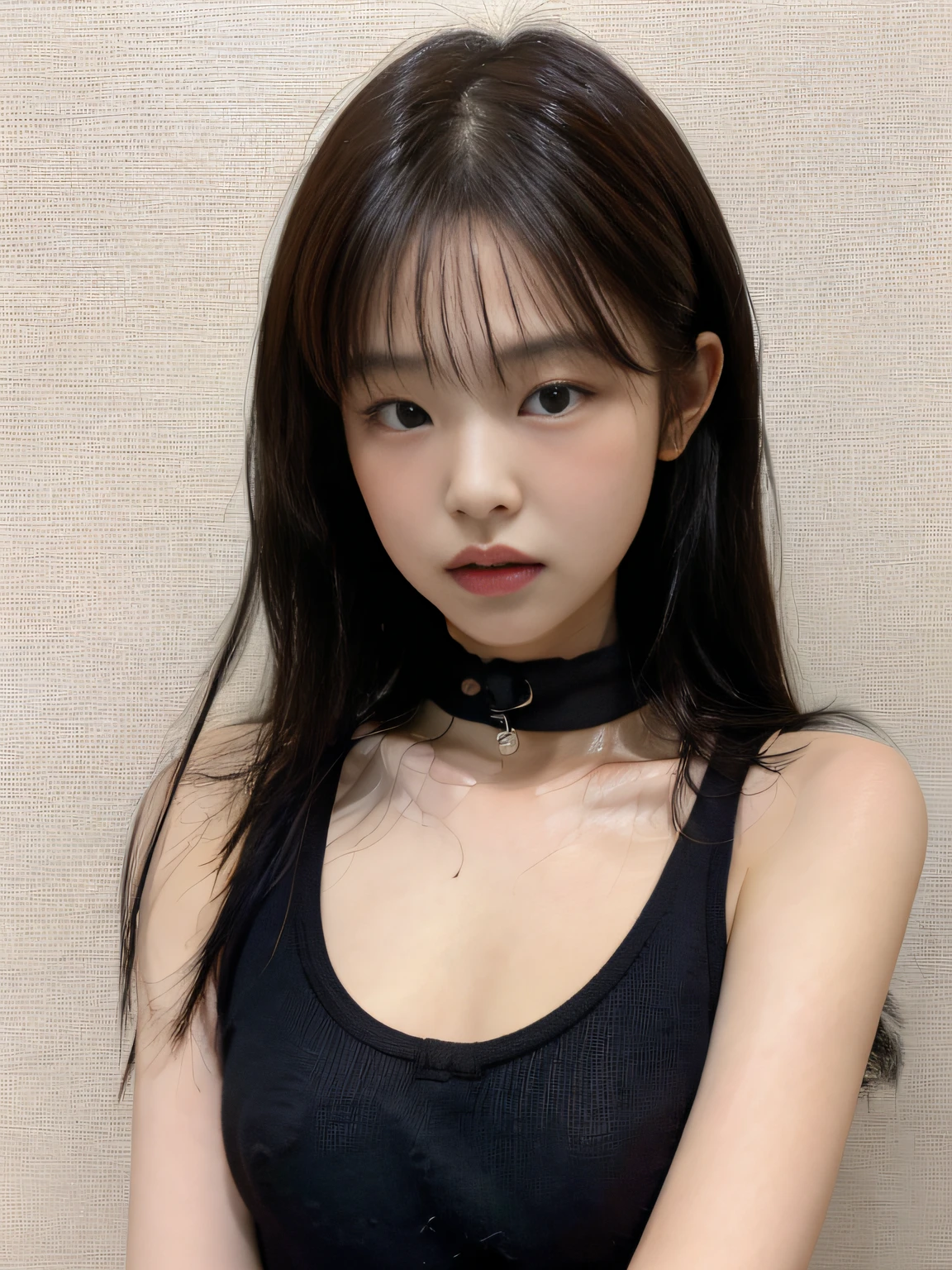 best quality, jjennie face shape, super high resolution, supermodel, (realism: 1 girl.8), RAW photo, 1 girl a girl, bare shoulders, wearing black vest, looking at the camera head-on, ID photo, sexy, black background, in the dark, deep shadow, understated, cold light