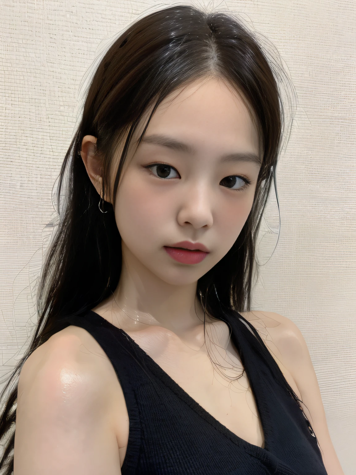 best quality, jjennie face shape, super high resolution, supermodel, (realism: 1 girl.8), RAW photo, 1 girl a girl, bare shoulders, wearing black vest, looking at the camera head-on, ID photo, sexy, black background, in the dark, deep shadow, understated, cold light