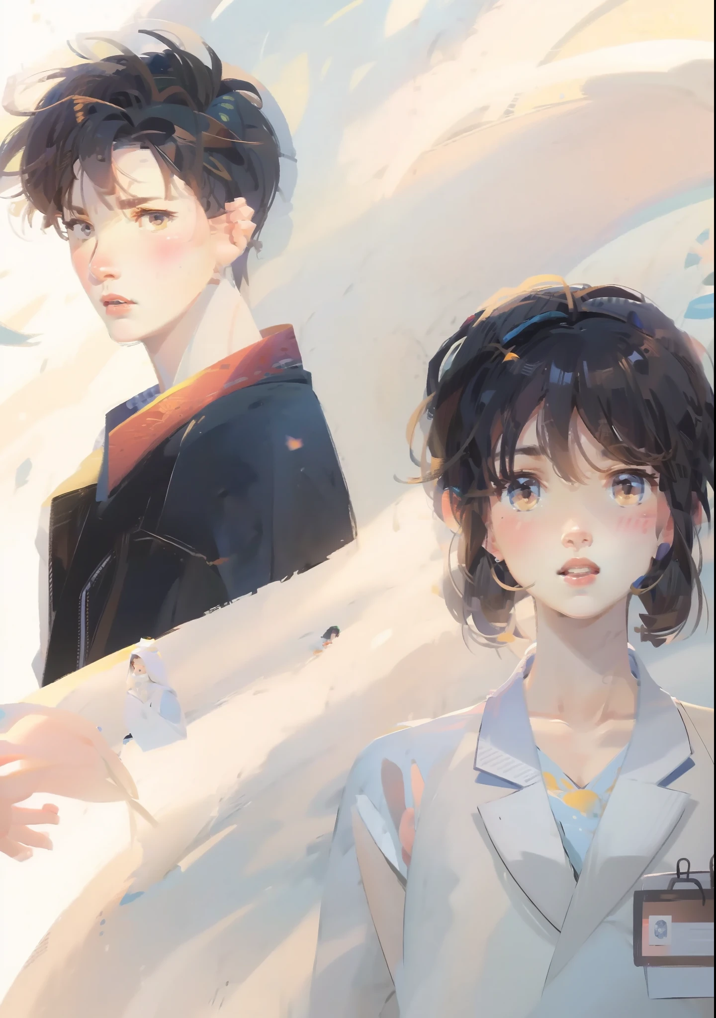 Handsome boy,black color hair,Cute girls,largeeyes,long eyelasher,a girl doctor,Sakura background blurred,illustration