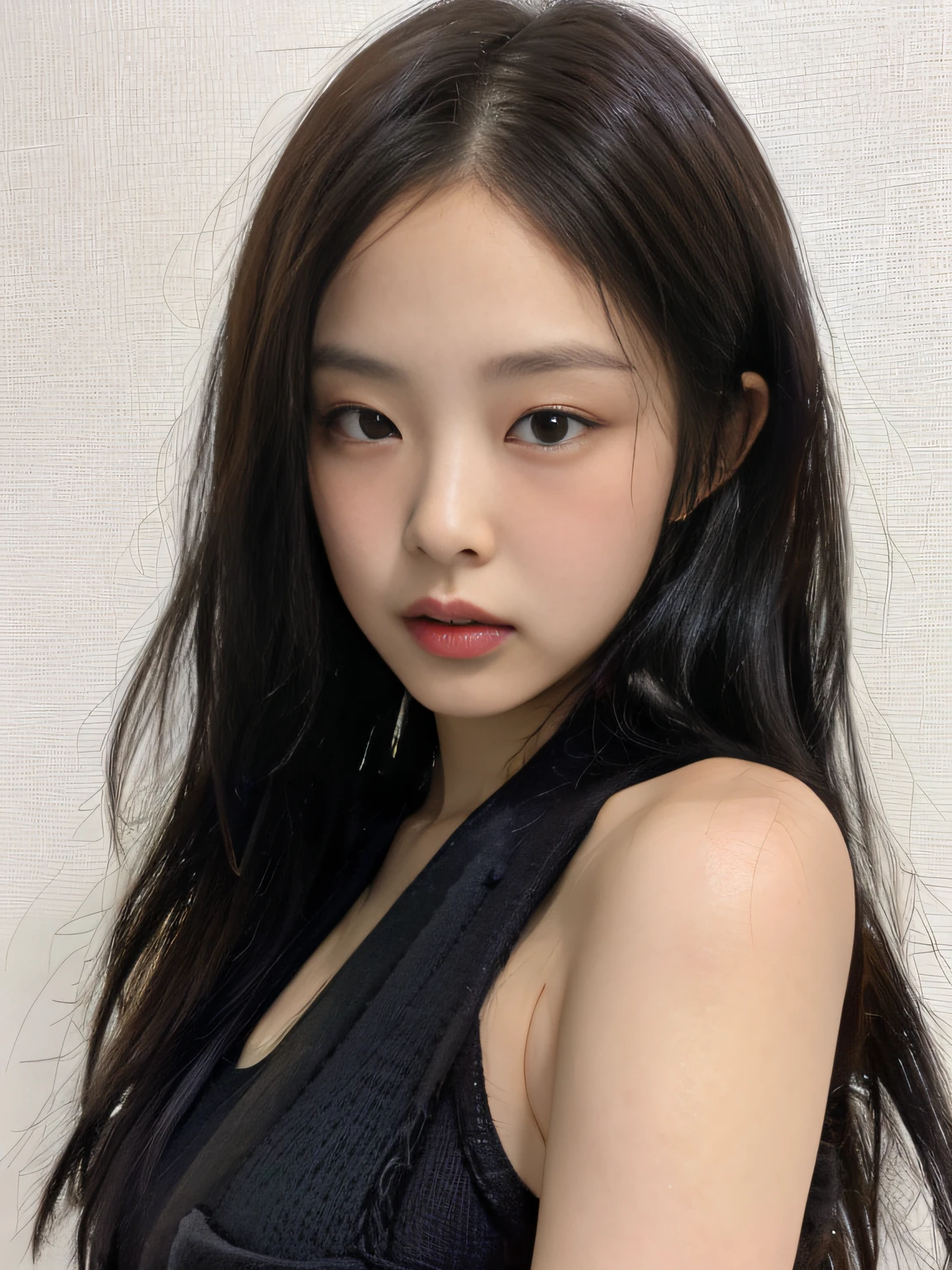 best quality, jjennie face shape, super high resolution, supermodel, (realism: 1 girl.8), RAW photo, 1 girl a girl, bare shoulders, wearing black vest, looking at the camera head-on, ID photo, sexy, black background, in the dark, deep shadow, understated, cold light