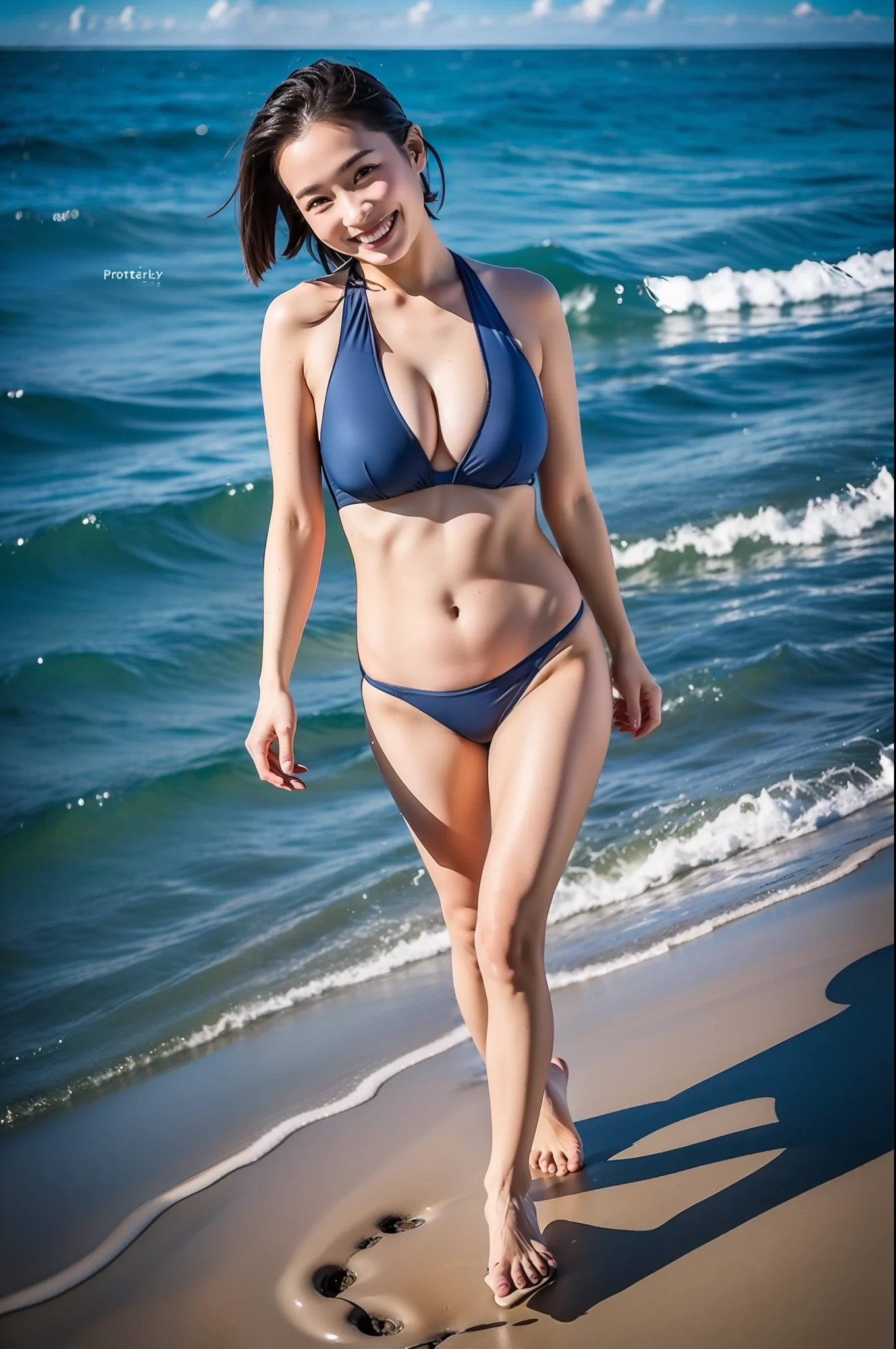 best qualtiy、​masterpiece、fidelity:1.3、超A high resolution、(Photorealsitic:1.4)、1 Most Beautiful Mature Woman in Japan（Obscene big breasts:1.4、Bob Hair）、The ultra -The high-definition、Change of clothes、Showing off your swimsuit at sea、the beach、Being at sea、Obscene legs、High-legged swimsuit with the smallest area、Bursting smile、Perfect Style、Obscene body lines with maternal nature、Rock Shadow