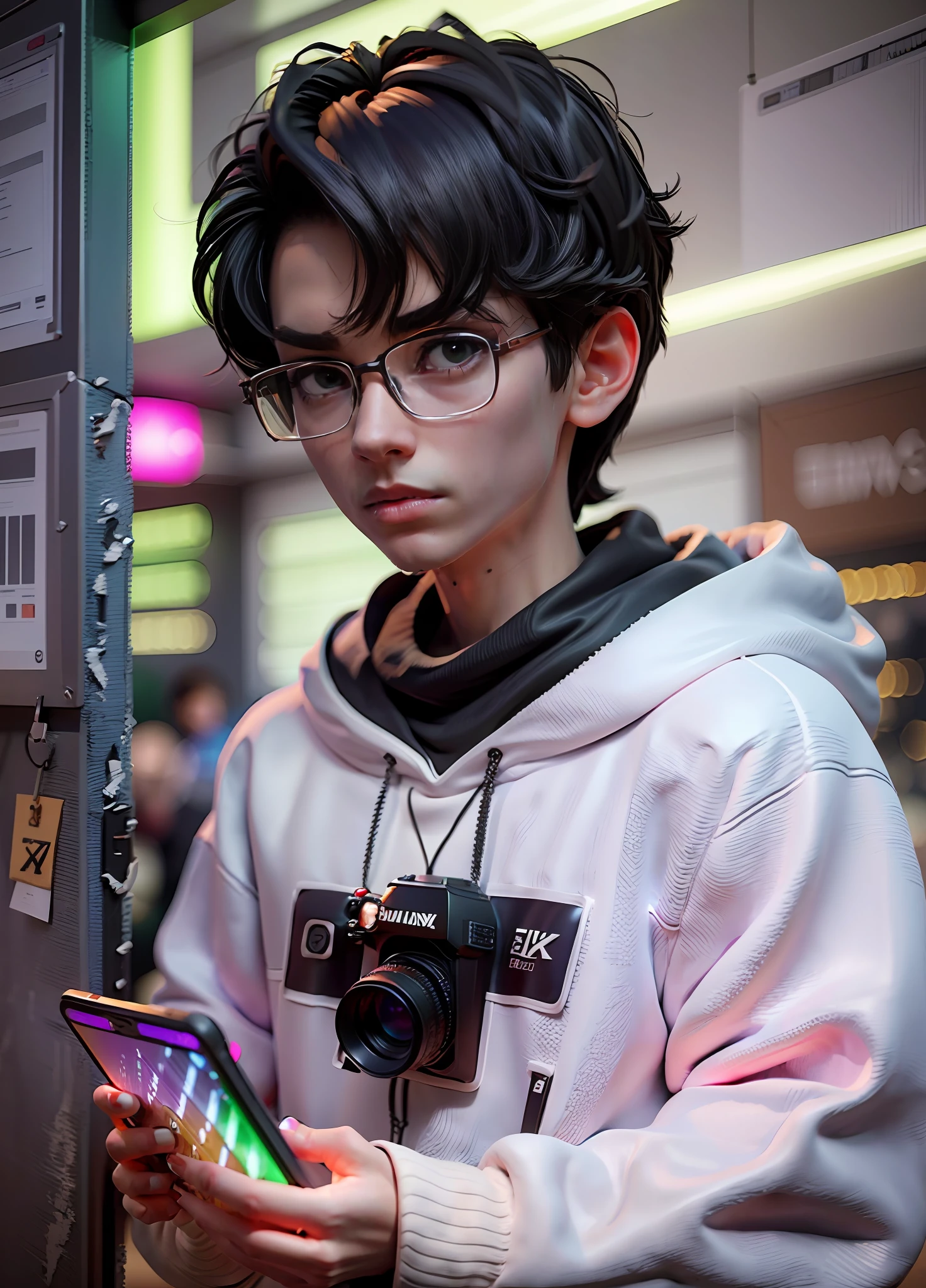 character, a skinny young man wearing glasses and sweatshirt, use a cellphone on internet, with dark hair, short hair, lighting details, anime-style with defined strokes, dark background with green lights, 8k, uhd, severe low lighting, high quality, sharp focus, fujifilm XT3