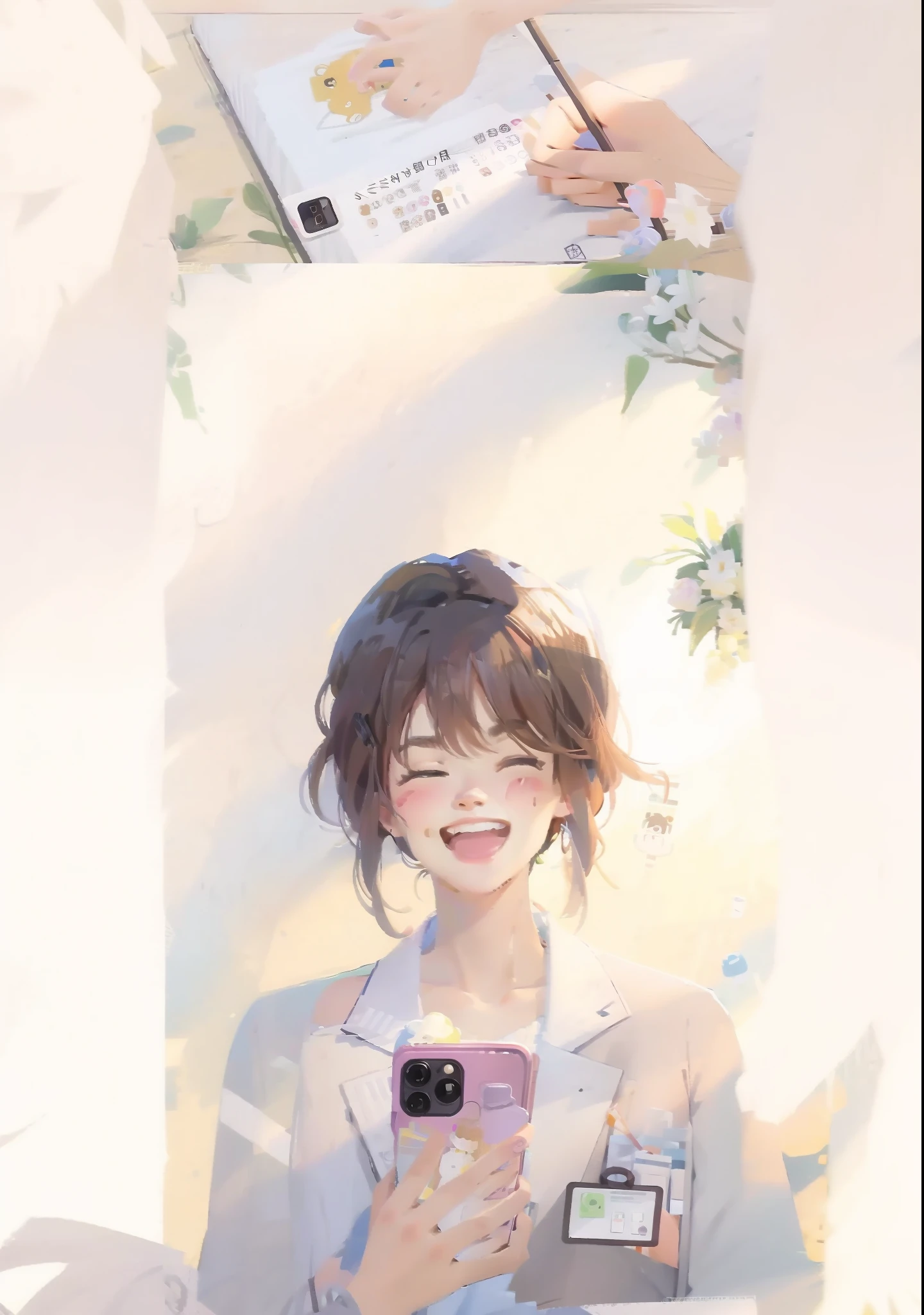 girls,Helpless laughter,holding cell phone,doctor outfit,Mobile page contentWeChat conversation,Hospital corridors,illustration