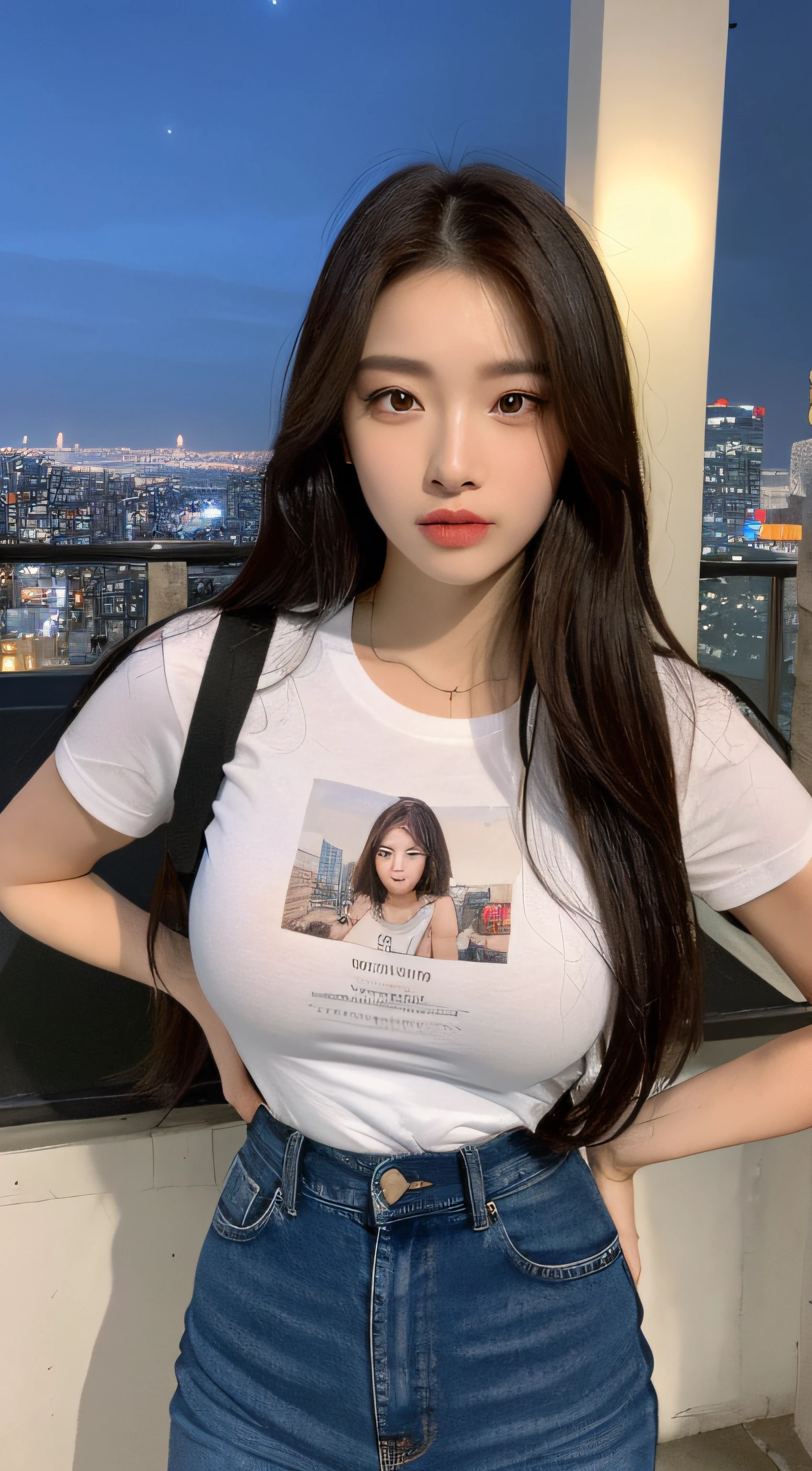 ((Midnight, Best quality, 8k, Masterpiece :1.3)), Whole body, Long legs, Sharp focus :1.2, A pretty woman with perfect figure :1.4, Slender abs :1.1, ((Dark brown hair, Big breasts :1.2)), (White tight tshirt, Jean bib, Standing:1.2), ((Night city view, Rooftop:1.3)), Highly detailed face and skin texture, Detailed eyes, Double eyelid