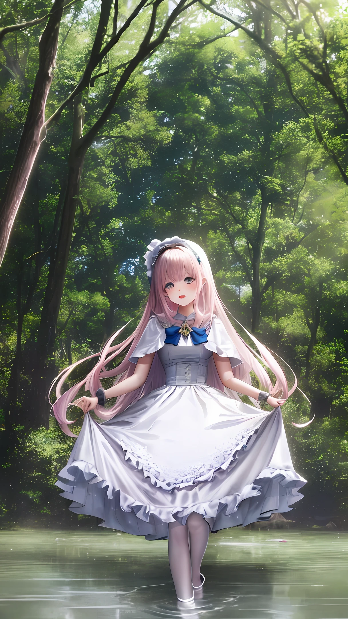 is very beautiful，The details were perfect，goddes，White lolita，white stockings，Background woods，magia，best qualtiy，Flood，bare-legged，is shy，