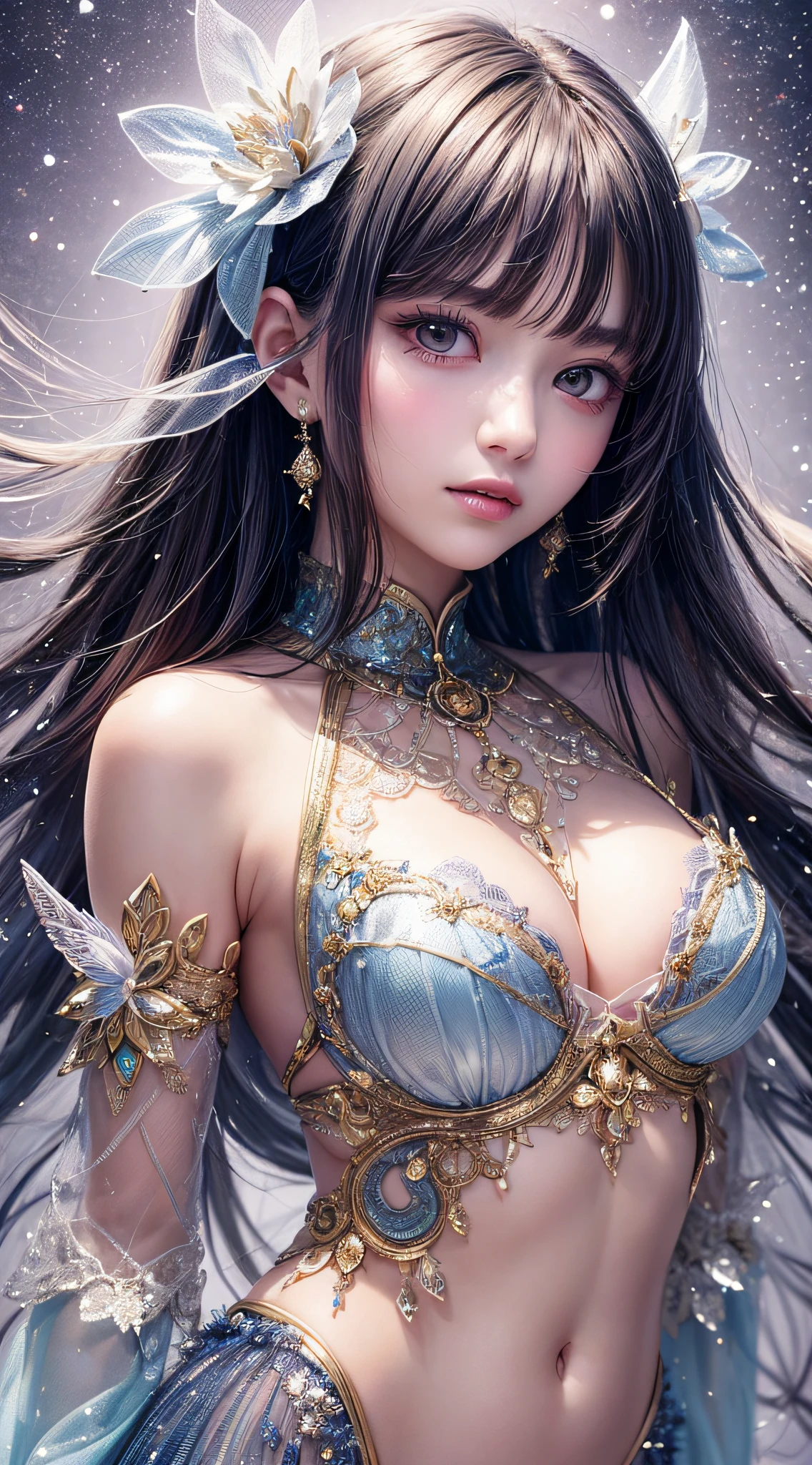 Beautiful girl story wrapped in love, Beautiful eye details, A captivating anime girl gracefully emerges from the pages of a watercolor painting, Her vivid and complex colors are, Bring your artwork to life, (see-through transparent clothes, Transparent costume:1.5), She wears a chest-opening fantasy costume decorated with delicate details,Fascinating worldview, Luminescent elements, Glowing crystals surround her like air, casting a soft, otherworldly glow, The style of watercolor painting is、Imbues the image with a sense of fluidity and delicacy, as if the colors are effortlessly blending and bleeding into one another, Camera shot: medium shot, Soft Focus, luminescent glow Lighting, watercolor brushstrokes, Sophisticated and very delicate anime illustration, unique colors, Portrait of an anime girl, Costume with open chest, Irridescent color, beautiful girl illuminated by seven colors of light,