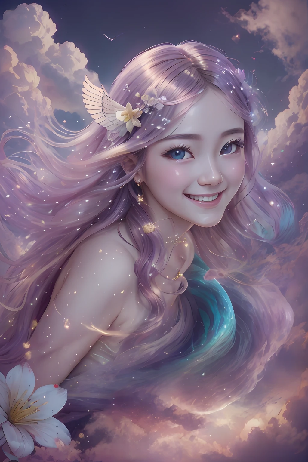 angelicales、Beautiful fece、Happy smile、Gentle background、clouds、Colorful clouds、Fantastical、Bright background、high-level image quality、tenderness、Joy、aureole 、 Sea Background -Auto
