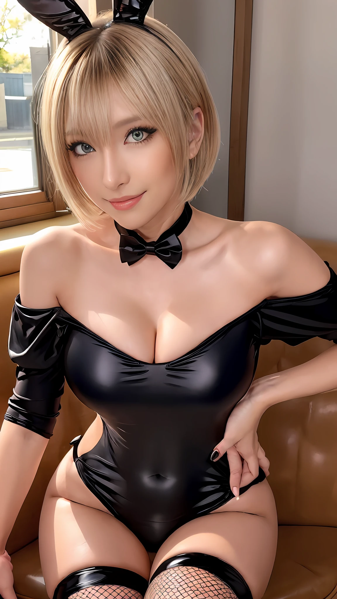 (8K, 超A high resolution, Best Quality, masutepiece:1.2),(24 year old:1.2)、(Look away)、8K、RAW portrait of japanese girl、超A high resolution、top-quality、 (huge-breasted, Deep cleavage:1.7),(Black Usamimi Katyusha、Shiny High Leg Bunny Girl、Shiny Tight Black High Leg Off Shoulder Swimsuit、Fairly small area:1.6)、(Casino:1.4) BREAK (Natural Skin Texture、Detailed skin、Hyper-Realism、ultra sharpness)、intricate detailes、depth of fields、hposing Gravure Idol、actress、(sexypose:1.1)、adult lady、爆乳、beautiful short-haired、Beautiful butt、voluptuous breasts、((​masterpiece、top-quality、high-detail))、(***1人)、(Photorealsitic:1.4)、独奏、closes mouth、Happy smile、Beautiful beautiful blonde short hair、Garvik、big eye、Distinct double eyelids、Lashes、Put your ears out、long neck、Absolute area、Clean collarbone、face perfect、Tear mole、Mole on chest、Beautiful bangs、thin lips、The face of the golden ratio、White-colored skin、large full breasts、a small face、Smaller face、Staring at the camera slightly upwards、(gazing at viewer、Highlights in the eyes、Light brown eyes、lipgloss)、Beautiful minions、(Beautiful black fishnet stockings up to the waist:1.2)、Glossy black pin heel、Tight buttocks、Shiny buttocks、(Pretty high-leg、Protruding:1.4)、(Off-shoulder:1.4)