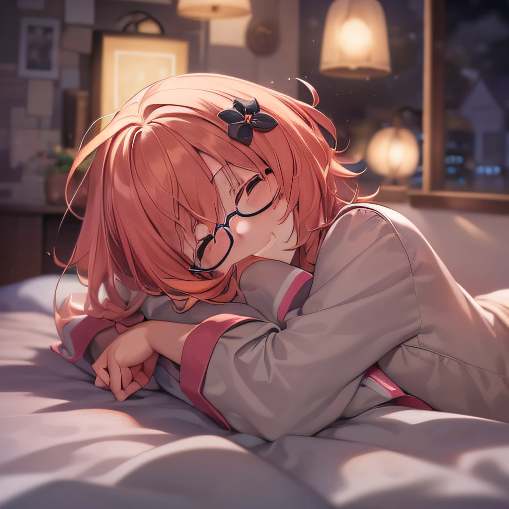 Best Quality, master piece, 1girl in, Solo, black-framed eyewear, pink orange hair, Brown eyes, Short_bobhair_hair, Flat_Chest, grin, pajamas, laying down on the bed, sleepy, (Night:1.5),