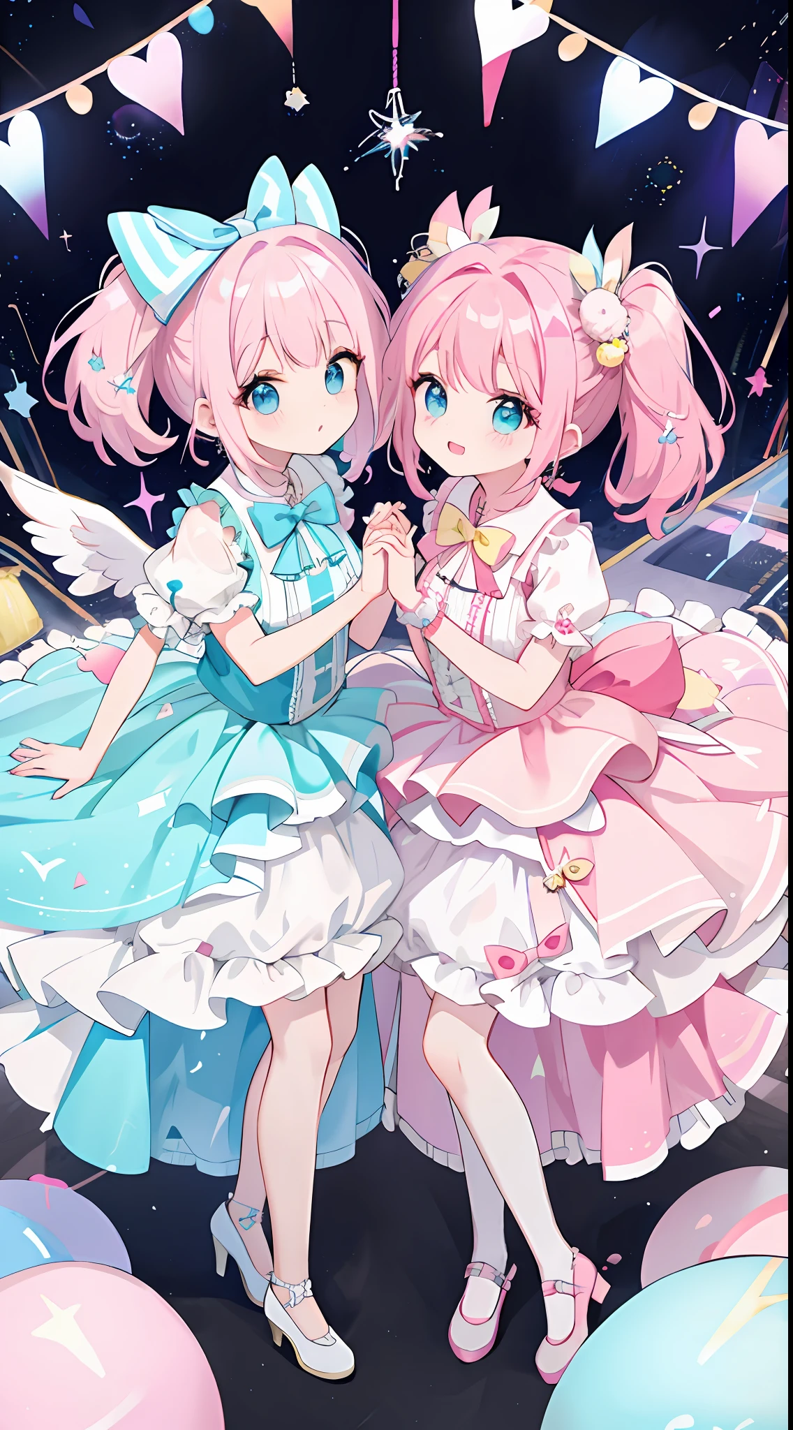 twinsies、Pink hair、light blue  eyes、Twin tails for only one、Holding hands、Magic Street、Idol costumes、​masterpiece、top-quality、Top image quality