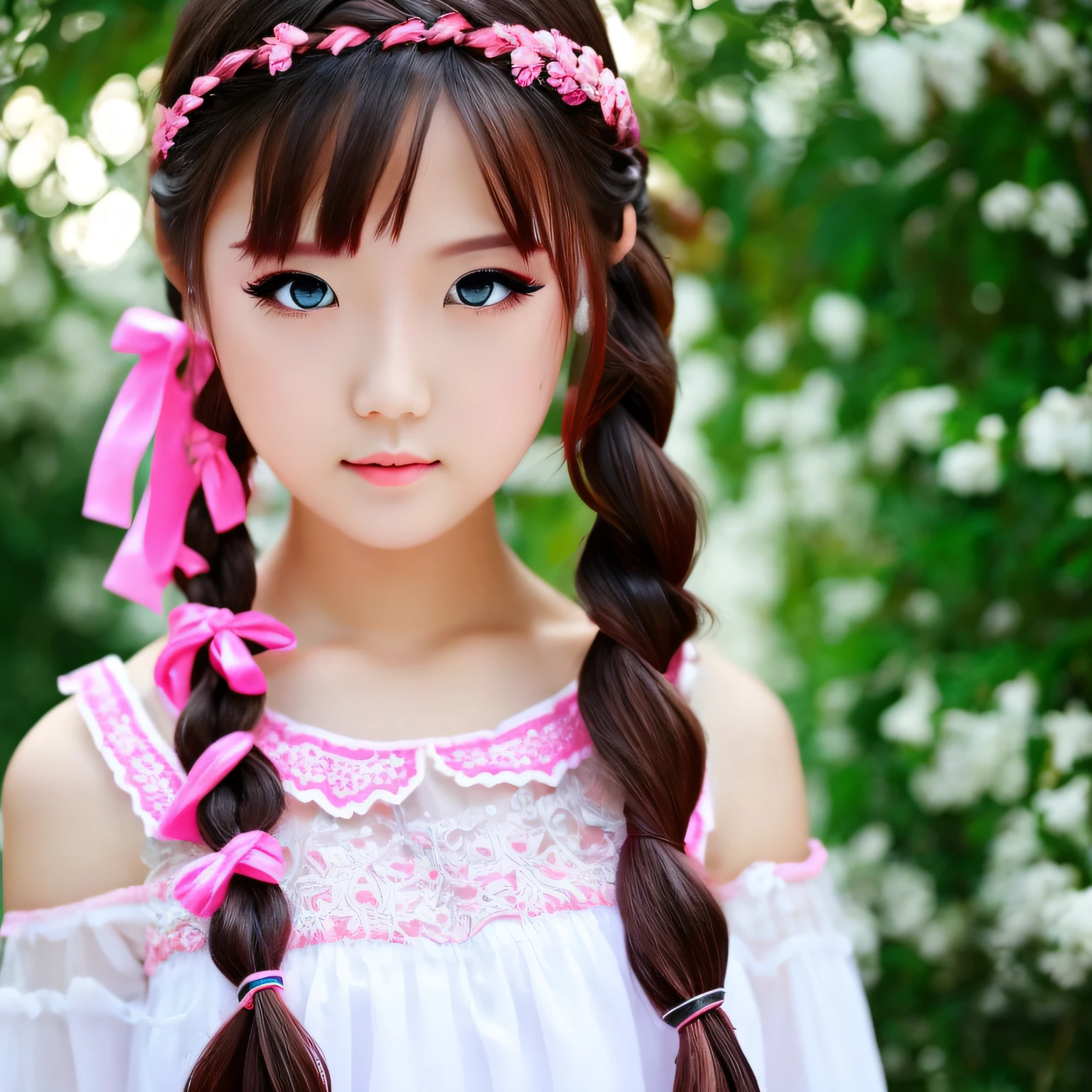 Pink dress,brunette color hair,黑The eye,long braid,white skinned --auto