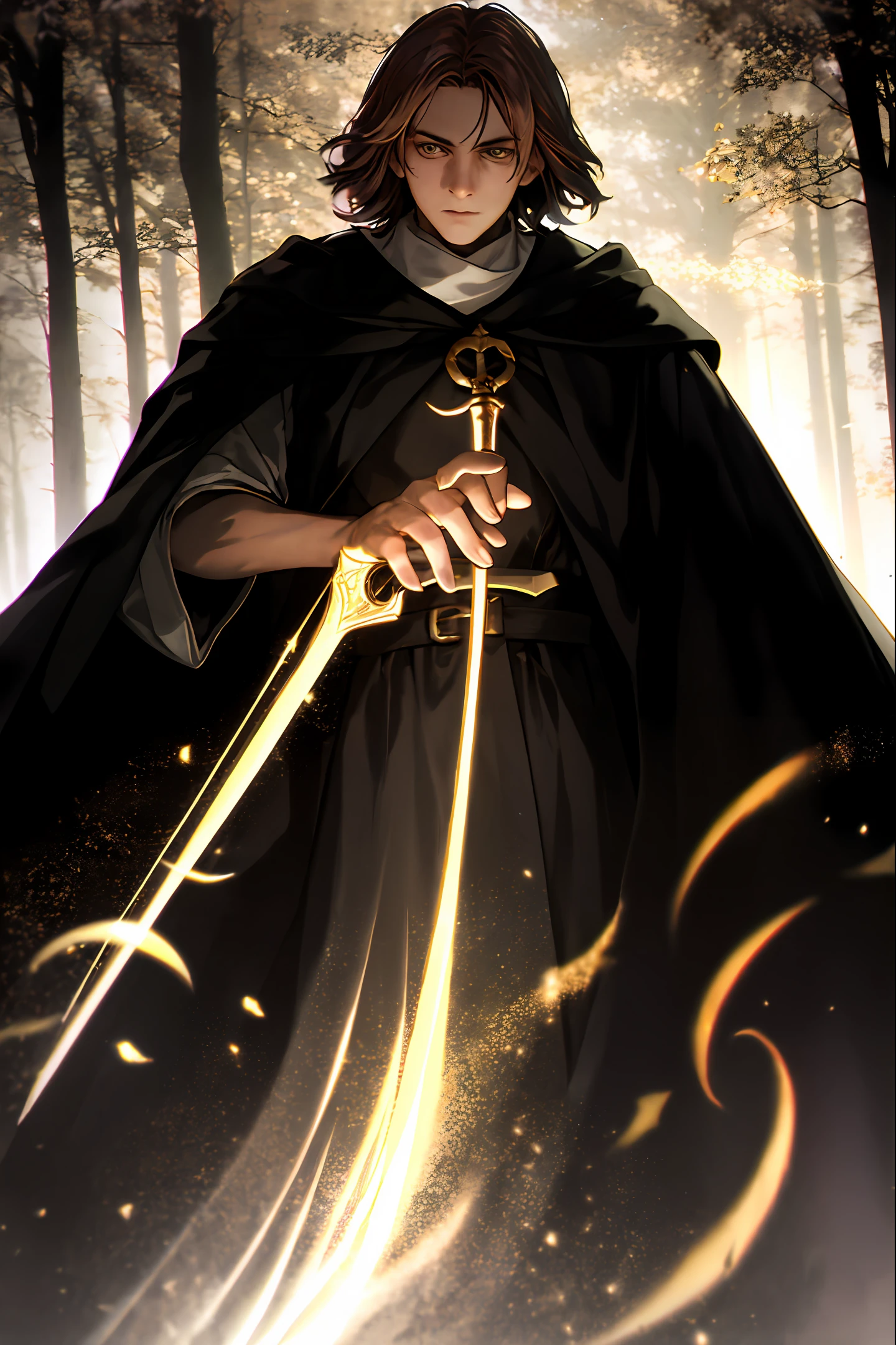 priest, Hermit, 1 man with a thin face, Wise stern eyes, Brown hair under a golden hoop, warrior, In the hands of a long great sword, He's wearing a black robe, Mysterious and majestic, Background Forest, flickers in the twilight, Awe-inspiring, radiance, Wanderer, hood, After the battle, Clothes are torn, A realistic photo, hiquality
