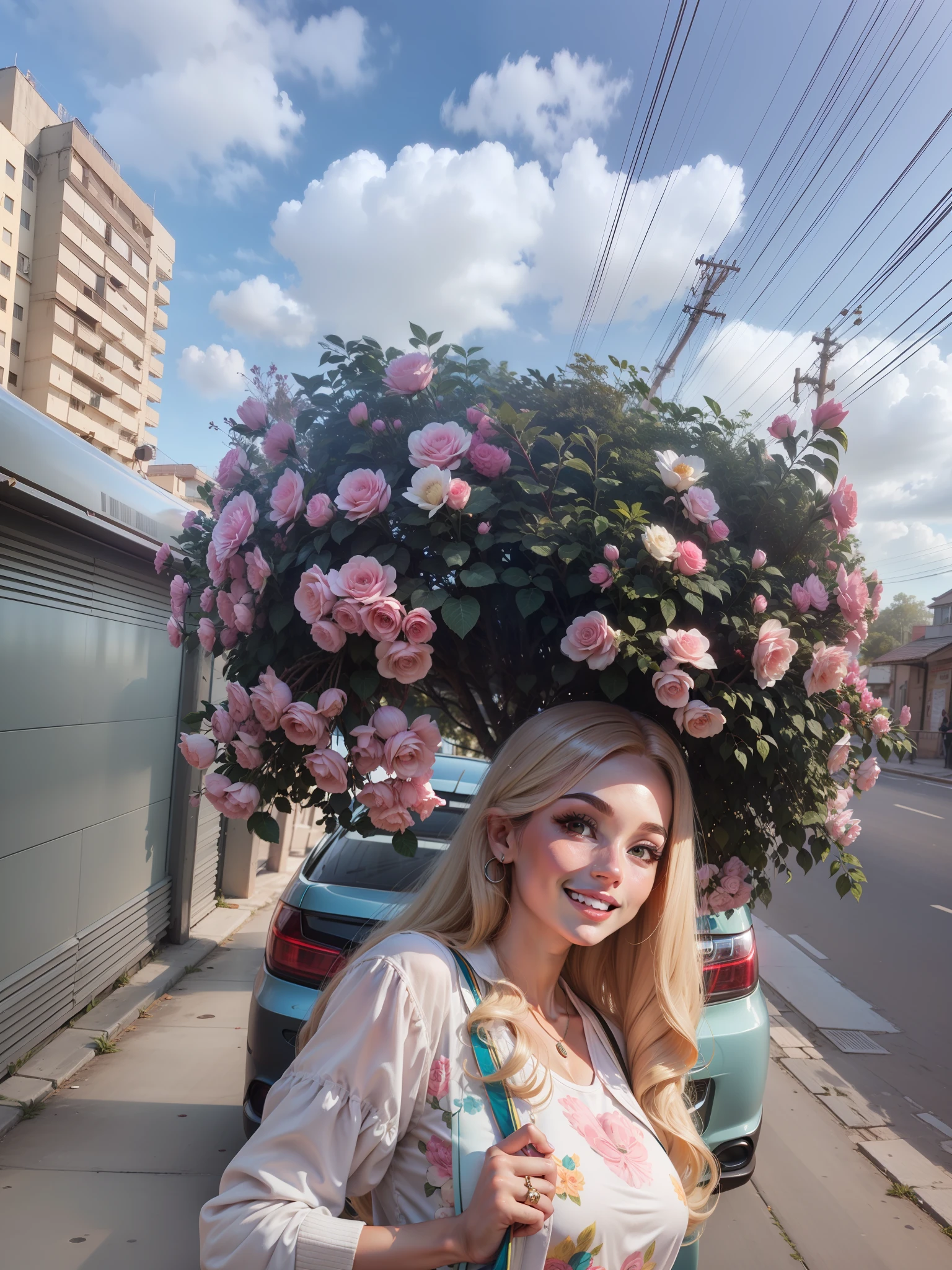 Uma Barbie toda de rosa choque, sorrindo, roupa rosa, blusa rosa choque, realista, 8k, detalhes intrincados