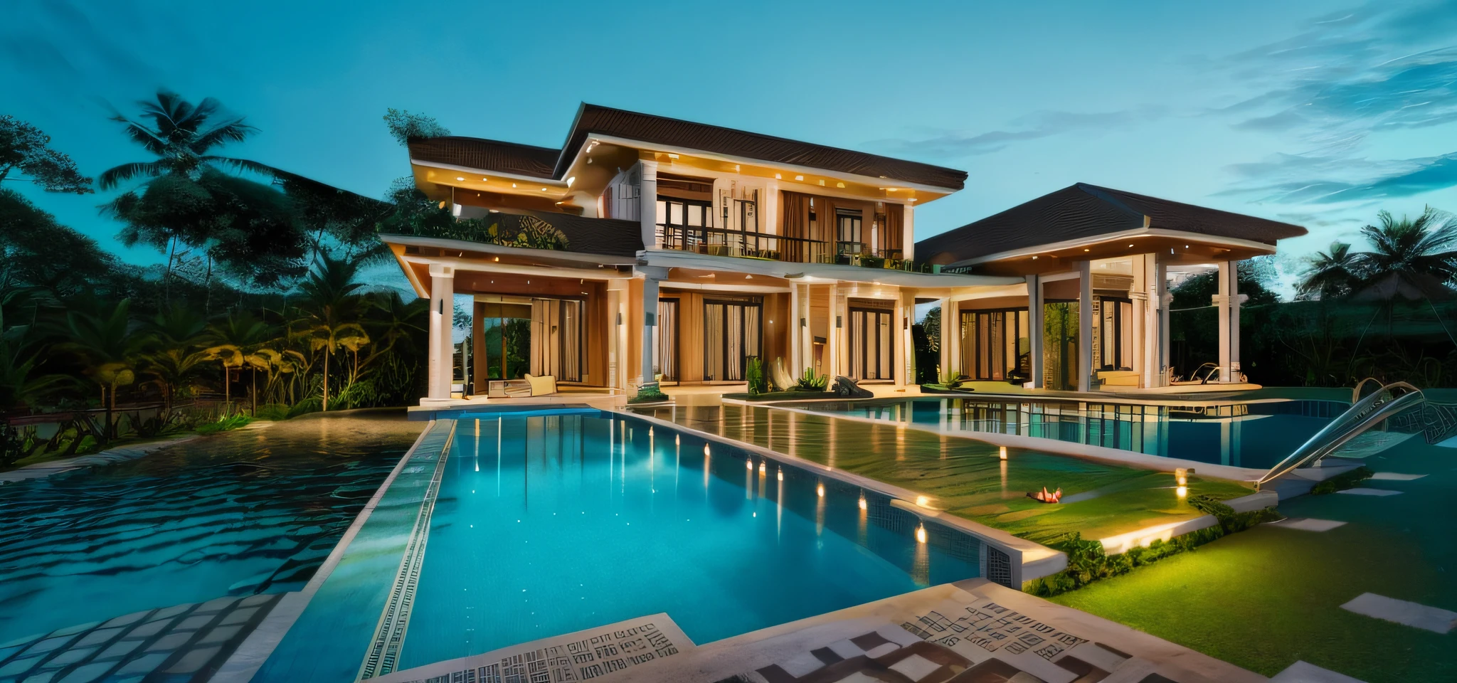 RAW photo,Masterpiece, high quality, best quality, authentic, super detail, 8k uhd, dslr, high quality,exterior,villa,philippines villa,bali living,nature,(create special projects:1.5), ((pool:1.5)), (( road:1.5))