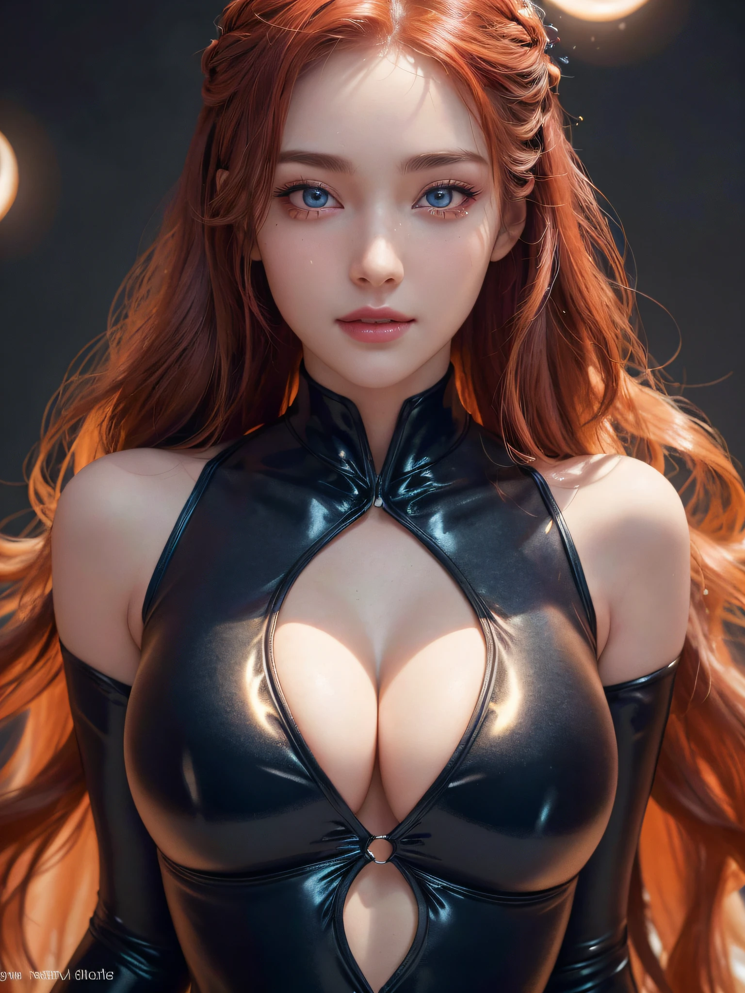 All guys want this girl, The ideal of feminine beauty, (insanely detailed, beautifull detailed face, tmasterpiece, beste-Qualit), (insanely detailed, beautifull detailed face, tmasterpiece, beste-Qualit), redhead hair, Ultra detailed beautiful eyes, red-eyes, extra very long hair, blushful, looking a viewer, toned tits, gloweyes, Beautiful detailed glow, A lot of glow, ssmile, Bubble personality, Happy, extroverted personality, face only, facial focus, Wearing a BDSM swimsuit, Focus on the eyes, A hyper-realistic, perfect hand, sexypose, very sexy pose, type of 3 persons