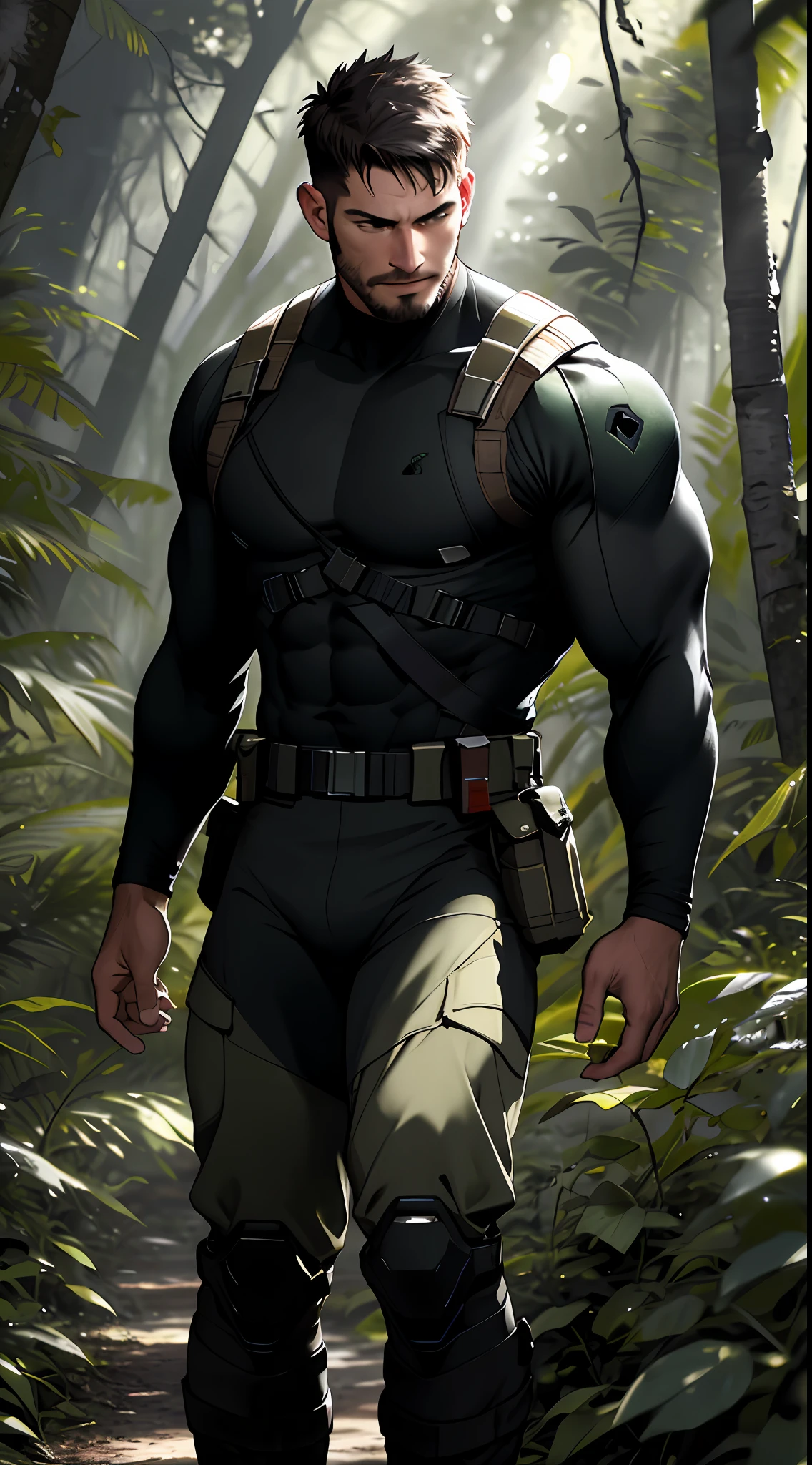 Best quality, masterpiece, expressionless,ultra high res,detailed background,realistic,1man,solo,male,muscular,mature male,young man, energetic, short hair, facial hair, real shadow and light, depth of field, a soilder walking in the forest, tropical forest, topless, hot, sweating, soilder, black pack, full body, wearing only underwear,