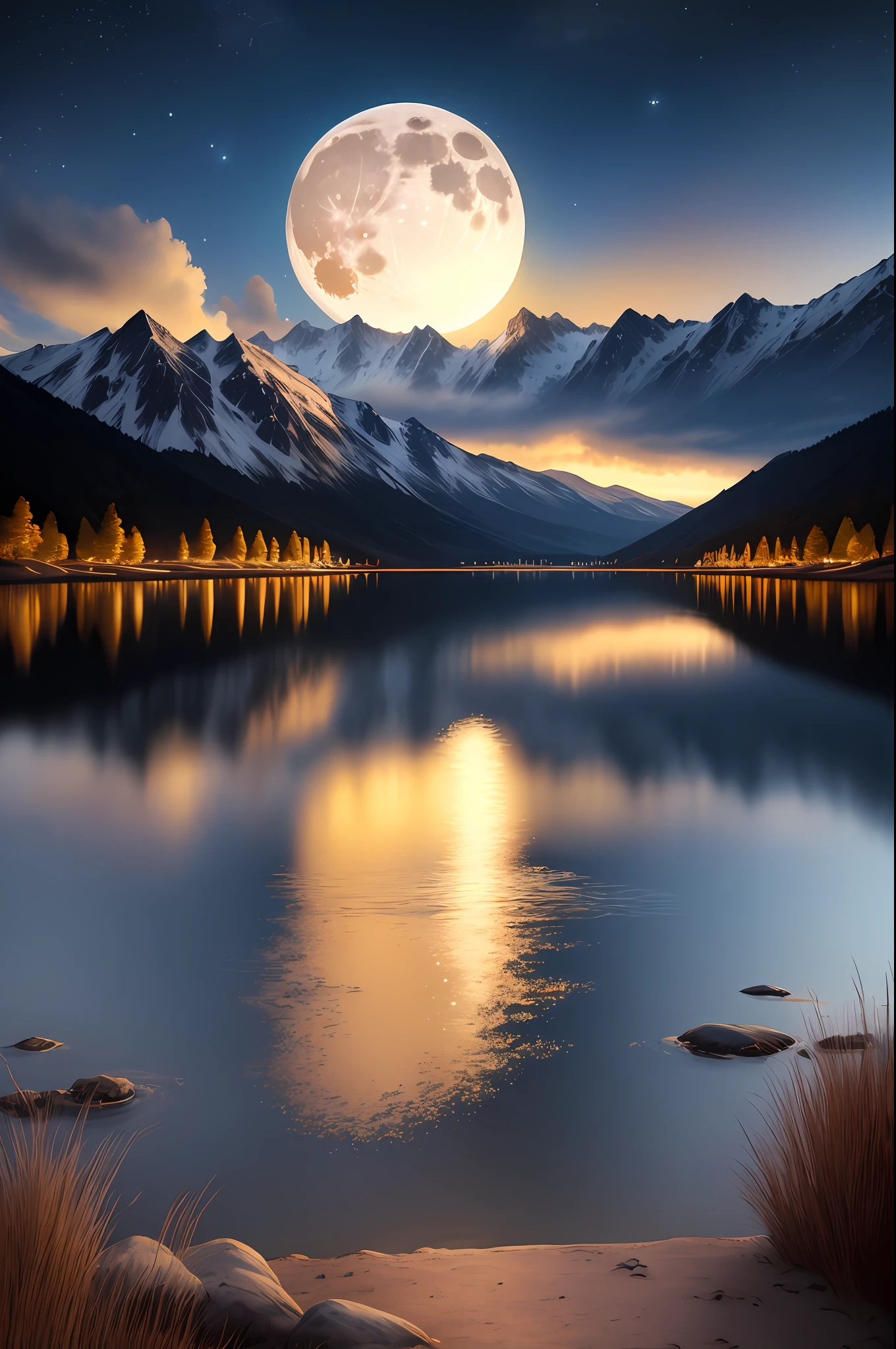 Very starry night。A giant moon behind the mountains。A tranquil lake reflects the night。realistic scene，the detail，Photorealistic photorealism，8k ultra realstic