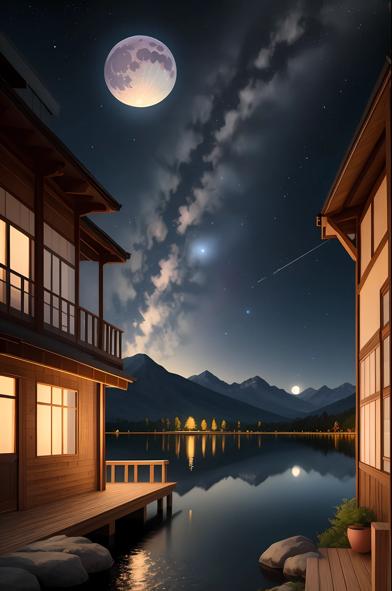 Very starry night。A giant moon behind the mountains。A tranquil lake reflects the night。realistic scene，the detail，Photorealistic photorealism，8k ultra realstic