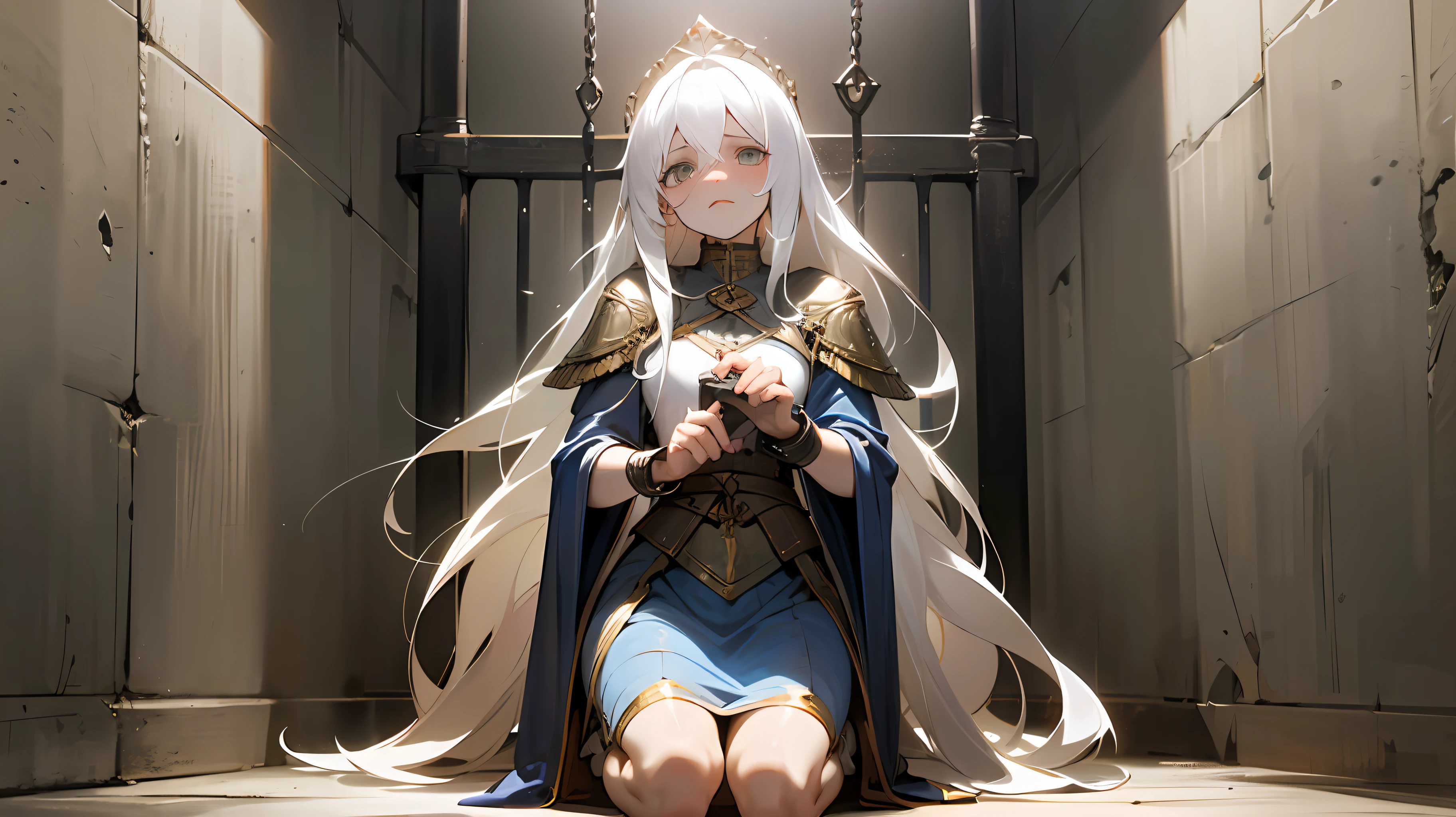 Goddess of Light, in the jail, long white hair,  (white Athens clothes), (kneeling while being handcuffed to the sides), soulless eyes, (medieval fantasy black jail back ground), full body shot, (despair and sorow vibe)