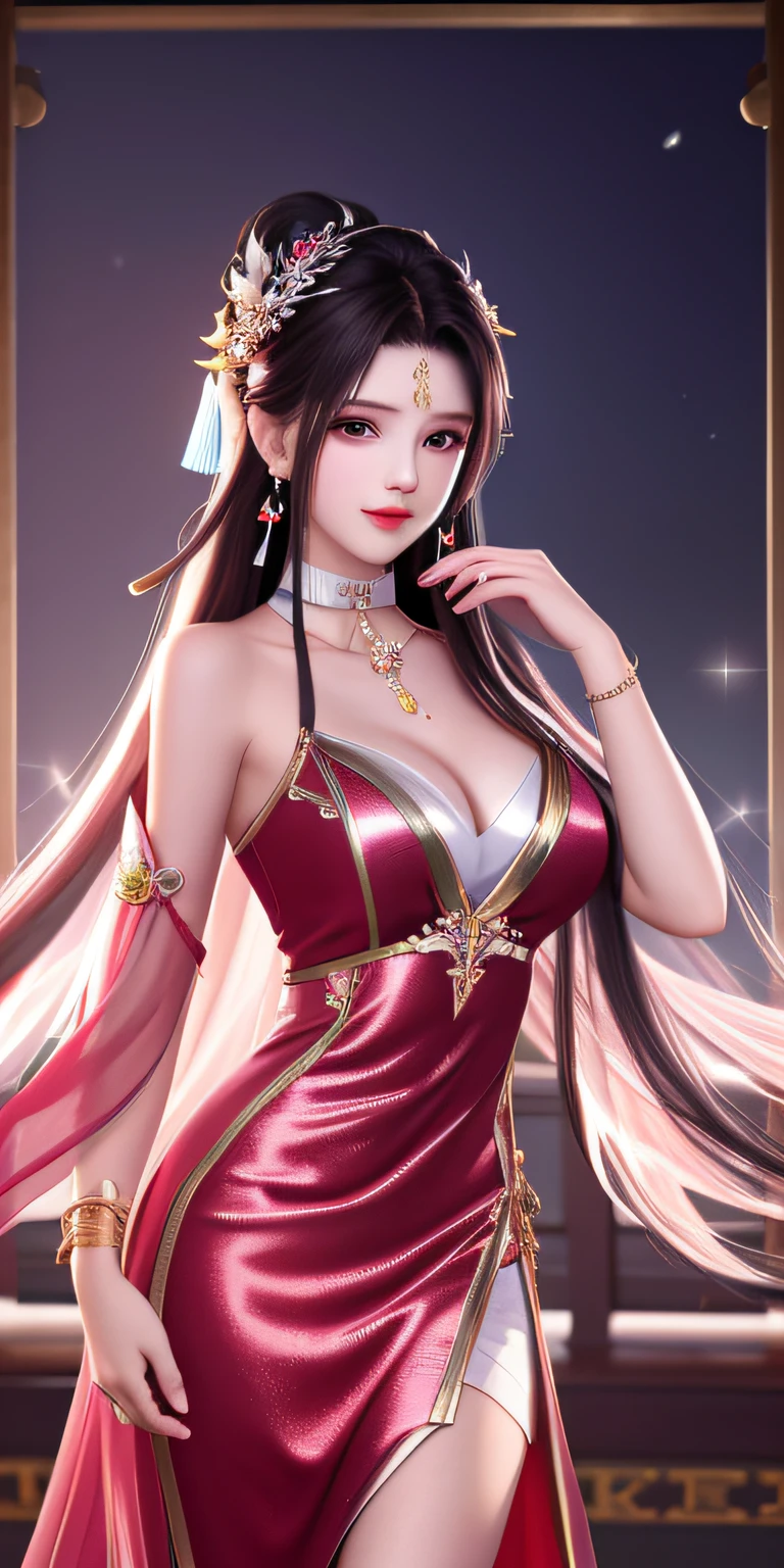 best qualtiy, tmasterpiece, A high resolution, 1girll,Bigchest,huge tit,long leges, Clear red silk porcelain dress, beauitful face, hair adornments, looking at viewert, ssmile, Shut your mouth, cparted lips, shift dresses, hair adornments, choker necklace, jewely, long whitr hair, 耳Nipple Ring, beauitful face, upon body, Tyndall effect, hentail realism, Dark Studio, edge lit, twotonelighting, (highdetailskin: 1.2), 8K, Ultra HD, digital SLR camera, softlighting, high high quality, Volumetriclighting, photore, High resolution 4K, 8K, The background is blurred out