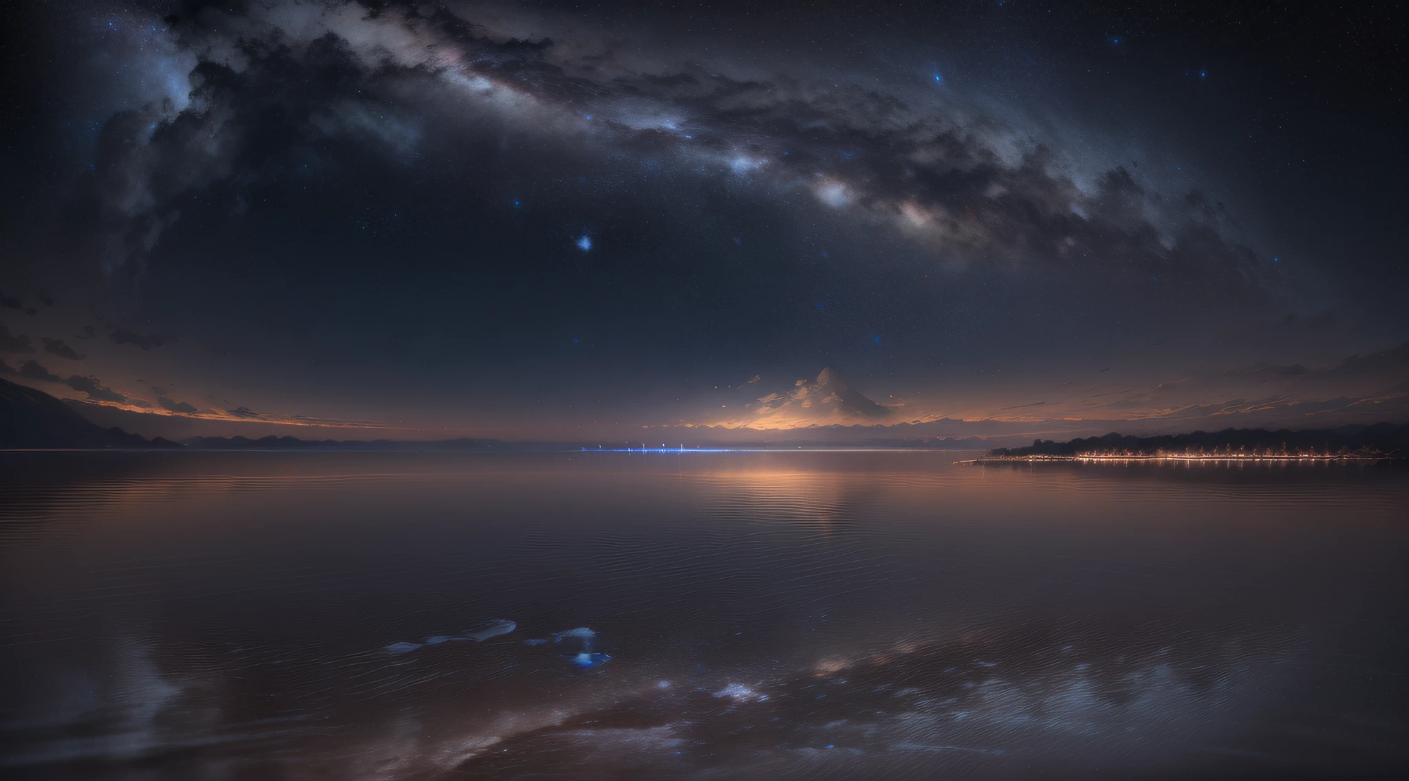 (extremely detailed CG unity 8k wallpaper,masterpiece, best quality, ultra-detailed), majestoso mar de cor preta, Black starry night sky highlighting the Milky Way and nebulae, areia dourada e branca brilhante, gentle reflections in water, atmosfera misteriosa e imersiva.