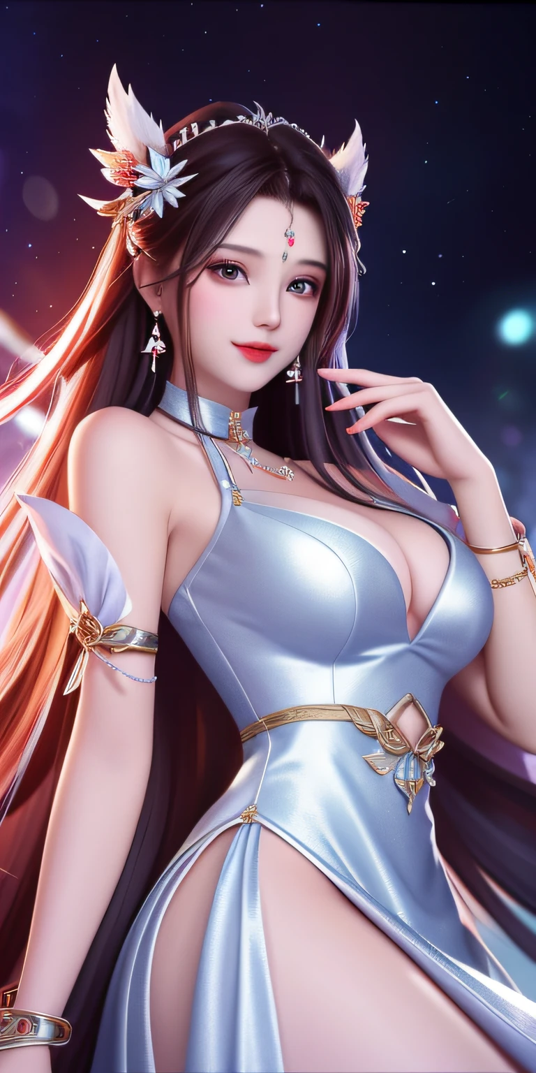 best qualtiy, tmasterpiece, A high resolution, 1girll,Bigchest,huge tit,long leges, Clear red silk porcelain dress, beauitful face, hair adornments, looking at viewert, ssmile, Shut your mouth, cparted lips, shift dresses, hair adornments, choker necklace, jewely, long whitr hair, 耳Nipple Ring, beauitful face, upon body, Tyndall effect, hentail realism, Dark Studio, edge lit, twotonelighting, (highdetailskin: 1.2), 8K, Ultra HD, digital SLR camera, softlighting, high high quality, Volumetriclighting, photore, High resolution 4K, 8K, The background is blurred out