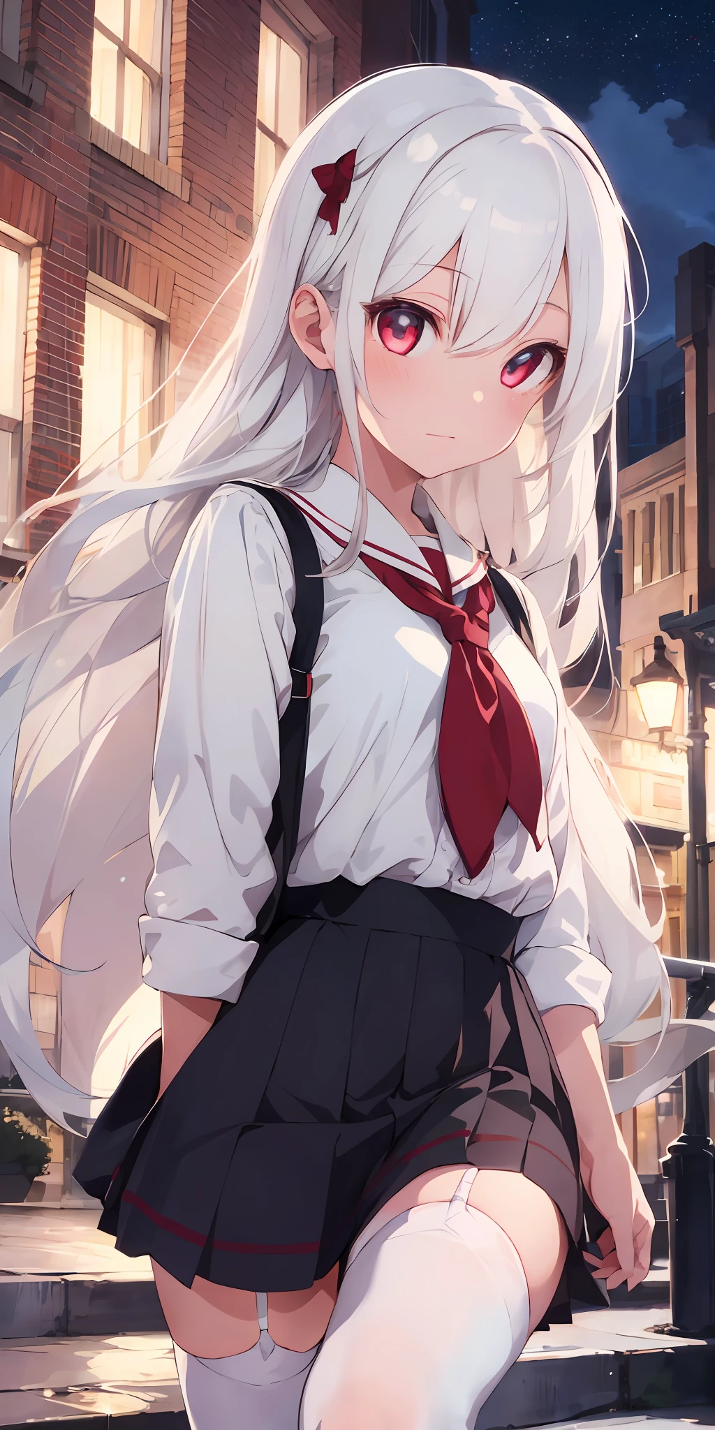 1girl, beautiful detailed eyes, long white hair, light red eyes, school uniform, high white stocking, lustrous skin, city, night, high contrast, ((masterpiece, best quality))