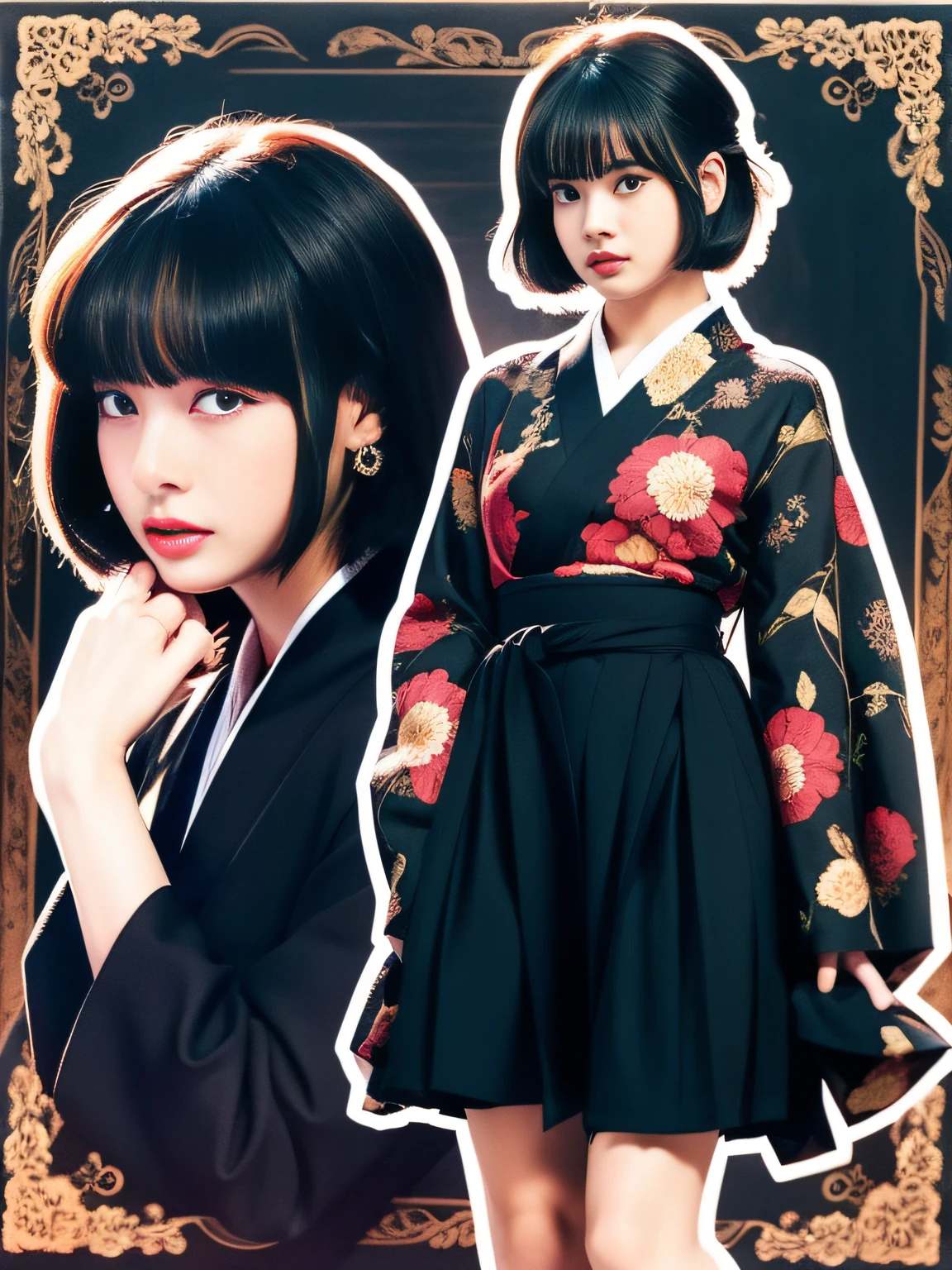 Jennie face shape, a woman in a black dress, complex hakama, hakama kimono, Japanese clothing, 1 9 2 0 s, 1920s, 1 9 2 0 cloth style, wearing hakama, 1 9 1 0 s, 1910s, inspired by Akira Yamamoto