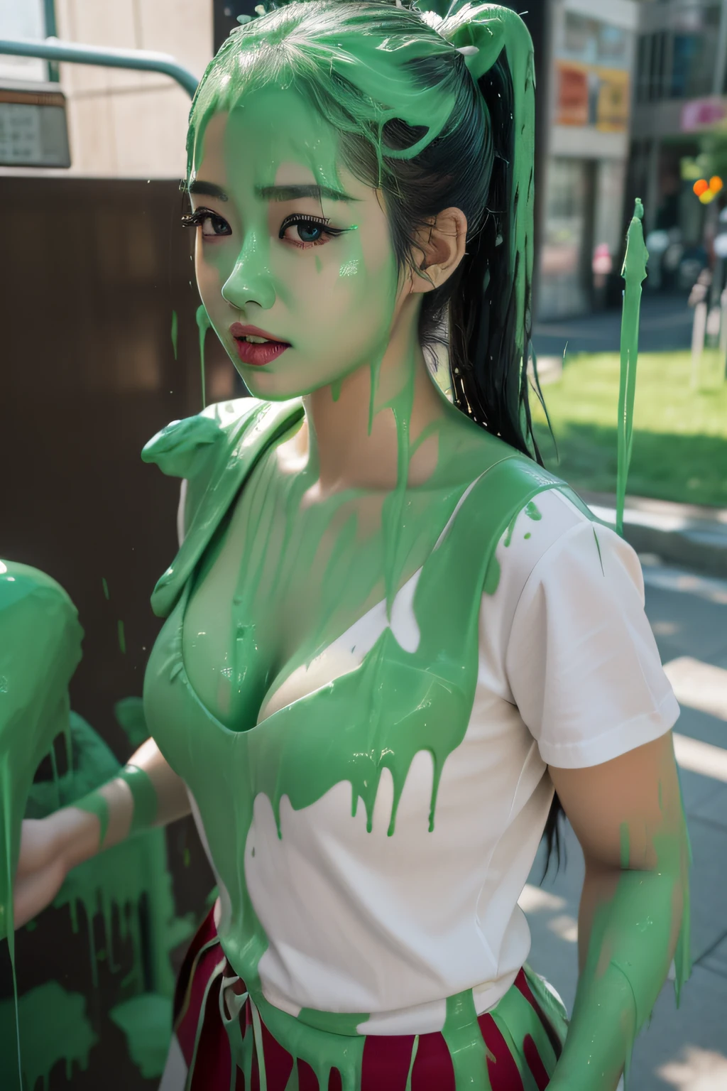 Japanese model, school uniform, cleavage, small breasts, heavy eyeliner, long eyelashes, red lipstick, photo realism, beautiful face, delicate eyes, pigtails, walking to school, posing for photo, sexy, alluring, sultry, (green slime drips down head: 1.2)