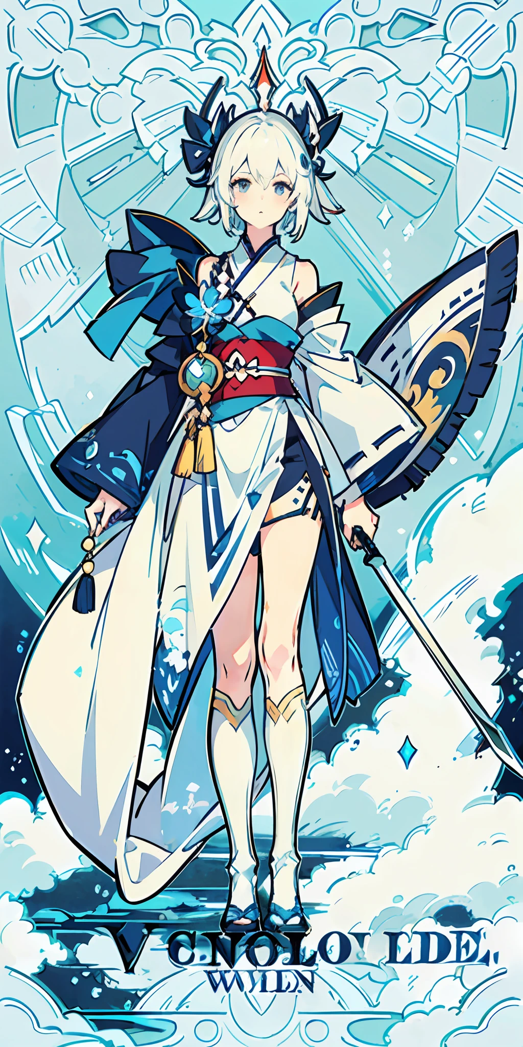 arafed woman in a blue and white outfit holding a sword, concept art by Shitao, pixiv, fantasy art, onmyoji detailed art, onmyoji, onmyoji portrait, guweiz, anime goddess, beautiful alluring anime woman, full body xianxia, guweiz on pixiv artstation