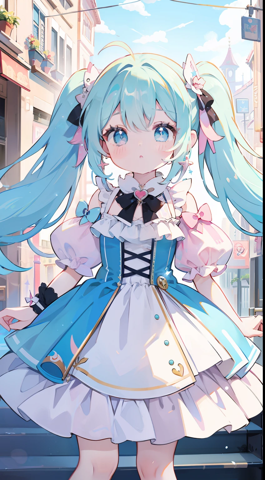 twinsies、Pink hair、light blue  eyes、Only one twintail、Magic Street、Idol Costumes、​masterpiece、top-quality、Top image quality、lightblue hair