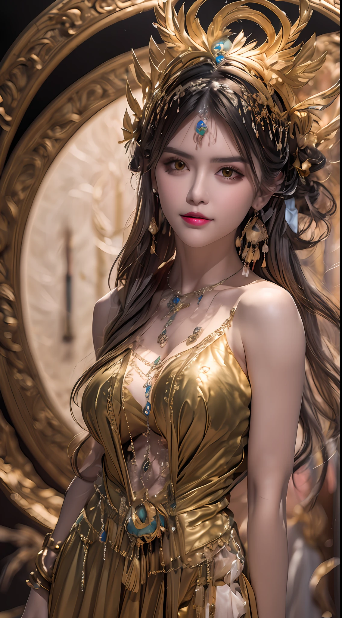 1 20 years old girl, 1 goddess Athena, beautiful goddess Athena face without blemishes, sexy slim nightgown in many colors, long thin female nightgown with many sexy black lace details, saint legend, saint icon, beautiful goddess style elegant glitter, dark and mysterious version, holy woman crown, vermilion lips, thin and beautiful lips and bright pinokar, white teeth, do not smile create, intricate details, detailed background, extremely detailed, gentle ghost, (clean and spotless face: 1.9), saintly body, round breasts, big and round breasts, phoenix brooch, long bangs, (7-color rainbow hair: 1.9), beautiful face in detailed and well-proportioned eyes, (transparent yellow eyes: 1.8), makeup: very beautiful and detailed eyes hands, bangs and dyed light blonde, upper body , (holy man): 1.8), drooping arms, Vivid photorealism, (stars that make up the sky: 1.7), (heaven and gates of nonfiction: 1.8), fictional art, RAW photos, hanfu photos, best photos, high resolution, best quality, best photos, female art quality, best surrealism, 8k portraits single saint, best true color scheme, best photo color, masterpiece, hair decoration, necklace, jewelry, pretty face, upper body, brand tyndall effect, real photo, dark studio, border light, two-tone light, (pinky white skin: 1.4), (high skin detail: 1.1), 8k uhd, dslr , soft light, super light, light quality, high resolution, sound quality , Smooth and sharp, 10x pixel increase, sexy goddess, sexy goddess, (background space: 1.8), (galaxy: 1.7), aurora, lightning, (Aurora Background: 1.8), most beautiful eyes, picturesque eyes, beautiful saint and flowers,
