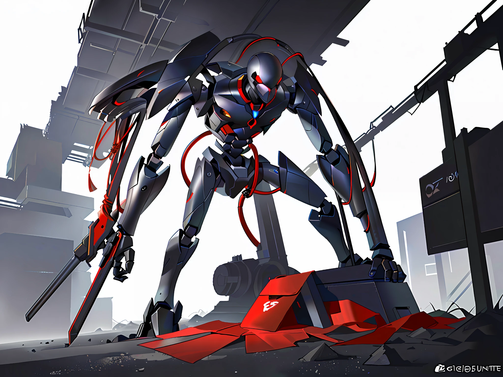 1 red envelope, blue body, humanoid robot scorpion, standing on top of a piece of machine waste,There is a blue-tailed weapon behind him