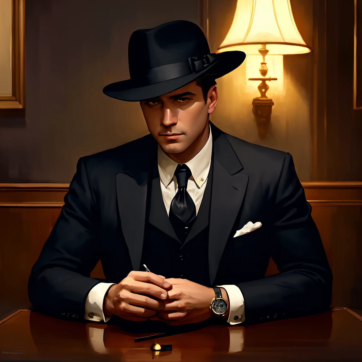 (masterpiece,best quality: 1.2), detailed face, (muted colours:1.2, dark studio, rim lighting, two tone lighting, dimly lit, low key,  ),
 a poster for a 1930s \(style\),  noir detective movie,(noir atmosphere:1), gloomy atmosphere, emphasis on noir colors,
the 1930s (/style/), man sitting at table ,a private detective  wore detective suit, 
trending on ArtStation, trending on CGSociety, Intricate, High Detail, dramatic, photorealistic painting art by midjourney and greg rutkowski,