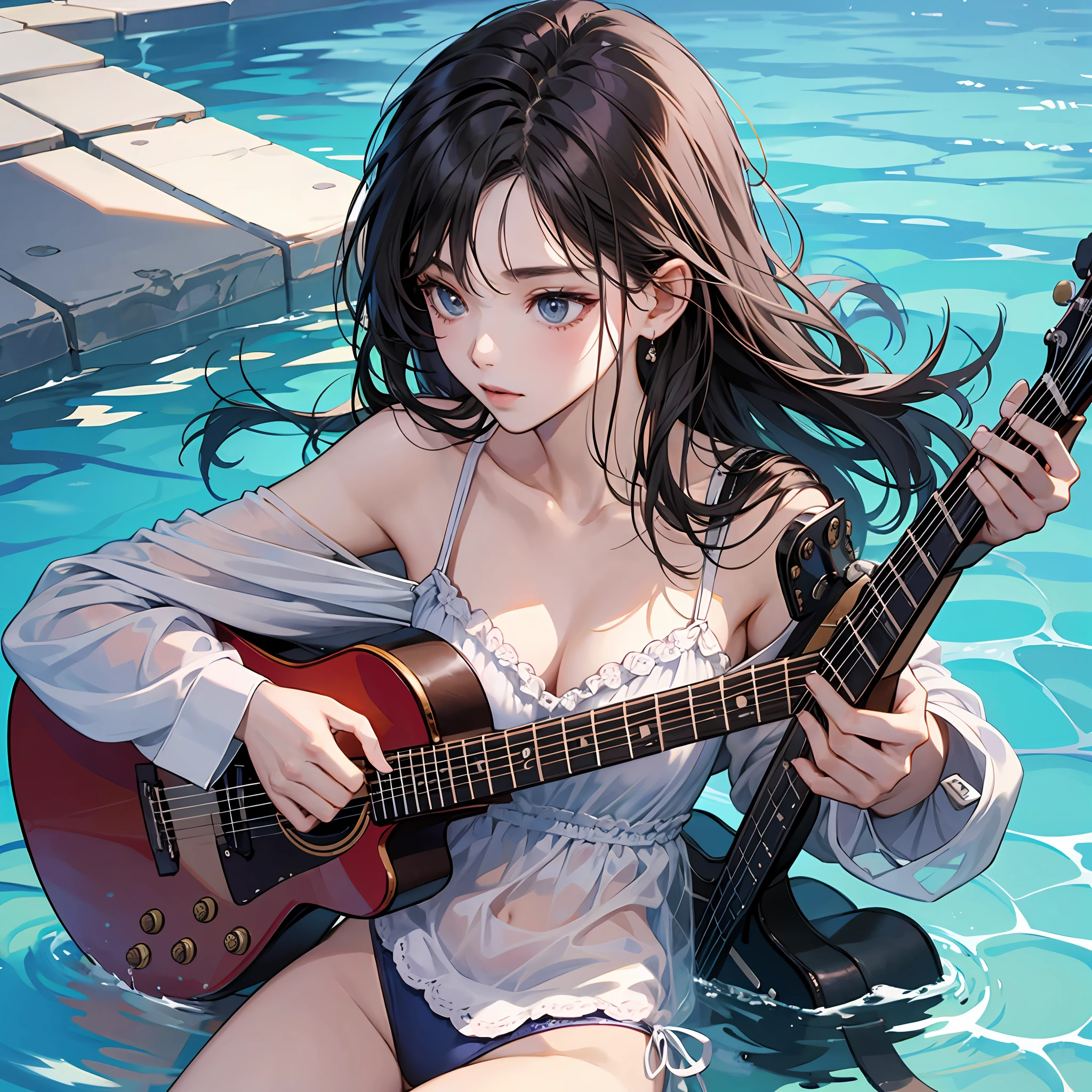 guitar、swim wears、A dark-haired、Beautuful Women --auto