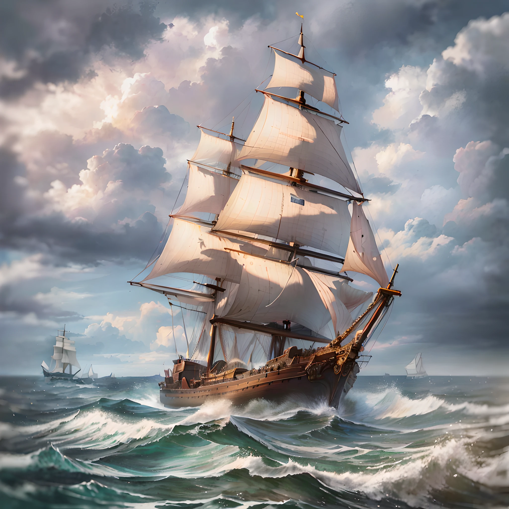 painting of a sailing ship in rough seas with a cloudy sky, ships with sails, a ship lost in a storm, ship at sea, sailing ship, in rough seas with large waves, sailing ships, 8 k hd detailed oil painting, painted in high resolution, detailed painting 4 k, highly detailed digital painting, by Brian Thomas, pirate ship with cannons