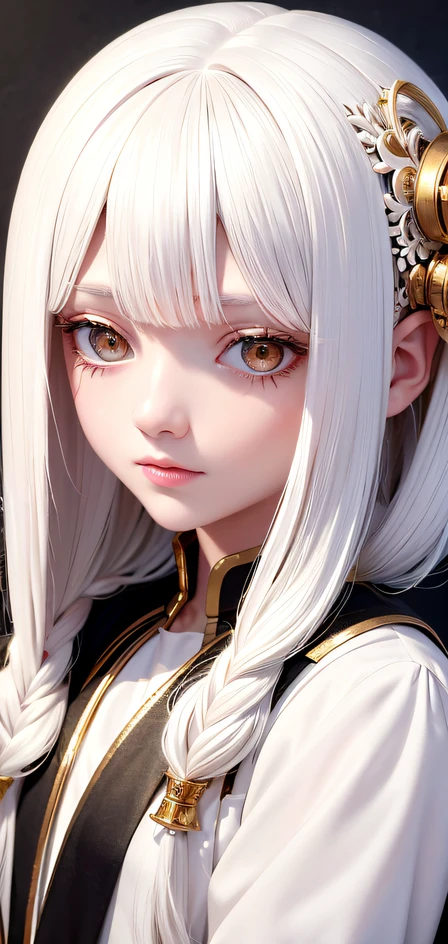 best quality, masterpiece,white hair, gold eyes,white clothes, looking up, upper body,hair strand,Fair skin,side braids