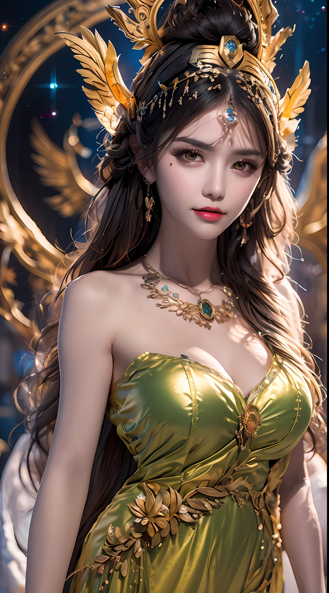 1 20 year old girl, 1 goddess Athena, goddess Athena, beautiful goddess Athena face without blemishes, colorful sexy slim nightgown, sexy long black lace women nightgown, goddess legend, goddess icon, beautiful goddess style glitter, dark and mysterious version, goddess crown, vermilion lips, thin lips and bright pinokar, white teeth, extremely smooth skin, no detail, details flawless face: 1.9), holy body, super tight and round big breasts, phoenix brooch, long bangs, (hair 7 rainbow colors: 1.9), beautiful face with well-proportioned and detailed eyes, (transparent yellow eyes: 1.8), makeup: very beautiful and detailed eyes, hanfu photos, best photos, high resolution, best quality, best surrealism, best female art quality, best portraits, 8 colors hair decoration, necklace, jewelry, pretty face, upper body, tyndall effect, real photo, dark studio, border light, two-tone lighting, (pinky white skin: 1.4), (high skin detail: 1.1), 8k uhd, dslr , soft light, super bright, light quality, high resolution, sound quality, 10x pixel anathea, sexy background: 1.8 ), (galaxy: 1.7), aurora, lightning, (Aurora Background: 1.8), most beautiful eyes, picturesque eyes, beautiful saint and flowers,